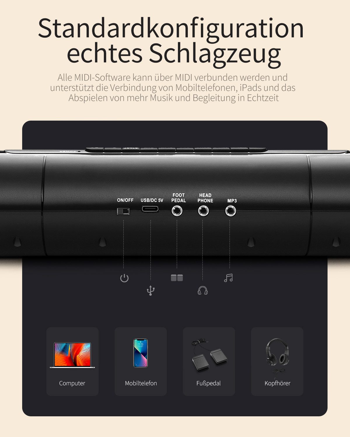 Donner E-Drum Elektrisches Drumpad Elektronisches Drumset mit 9 Pads DED-20(SE),Set, Netzteil USB-Datenkabel 3,5-mm-Audiosticks 2 Pedale, Eingebauter Lautsprecher Aufrollbares,unterstützt Kopfhöreranschluss