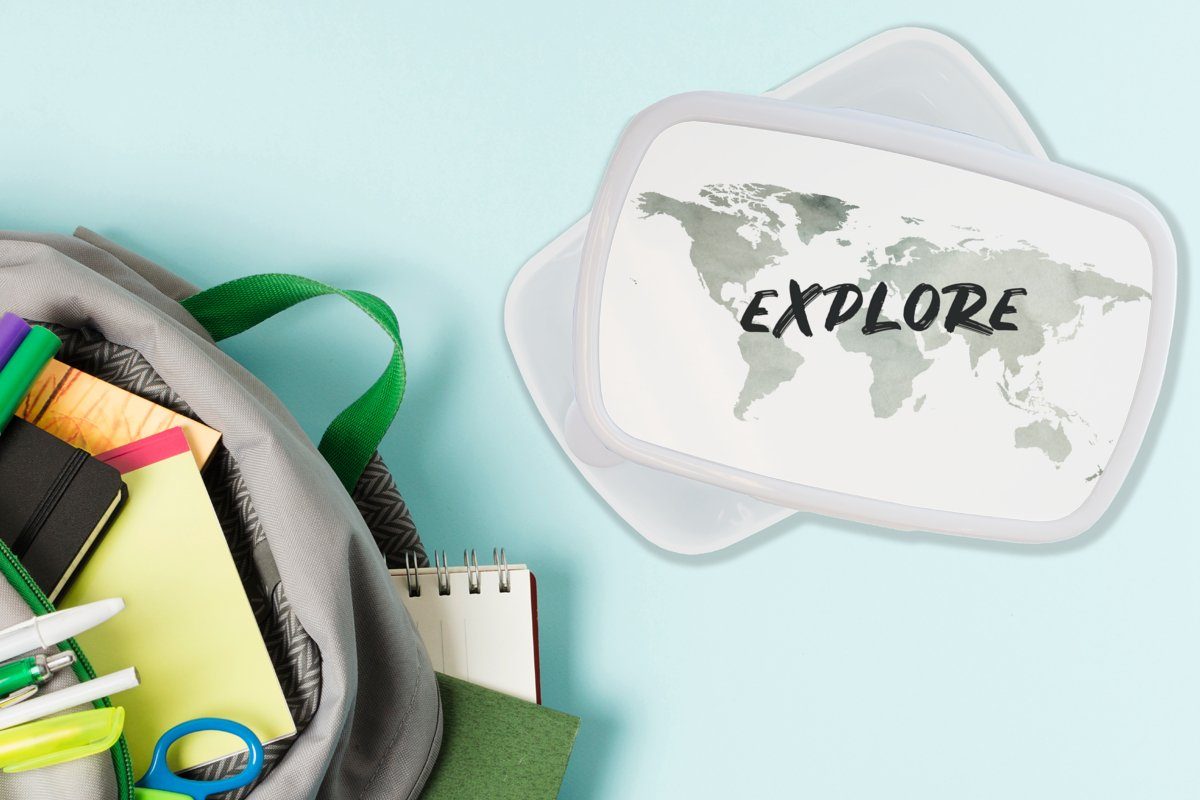 Kunststoff, Lunchbox Brotdose, weiß Weltkarte Jungs MuchoWow für Brotbox Aquarell, (2-tlg), - - Kinder für und Mädchen Erwachsene, Zitat und