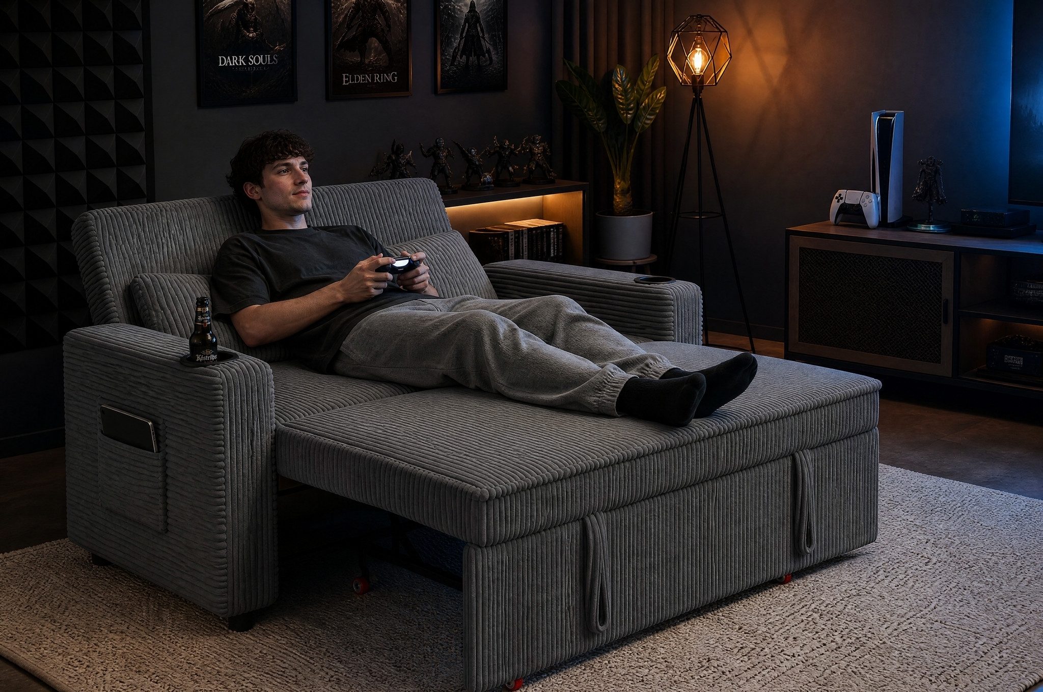 HOMALL Schlafsofa 2-Sitzer Ausziehbar Sofa,Modernes Edler Cord-Stoff, mit Unterbett,Getränkehalter,seitlicher Tasche und 2 Kissen – Bild 4 von 5
