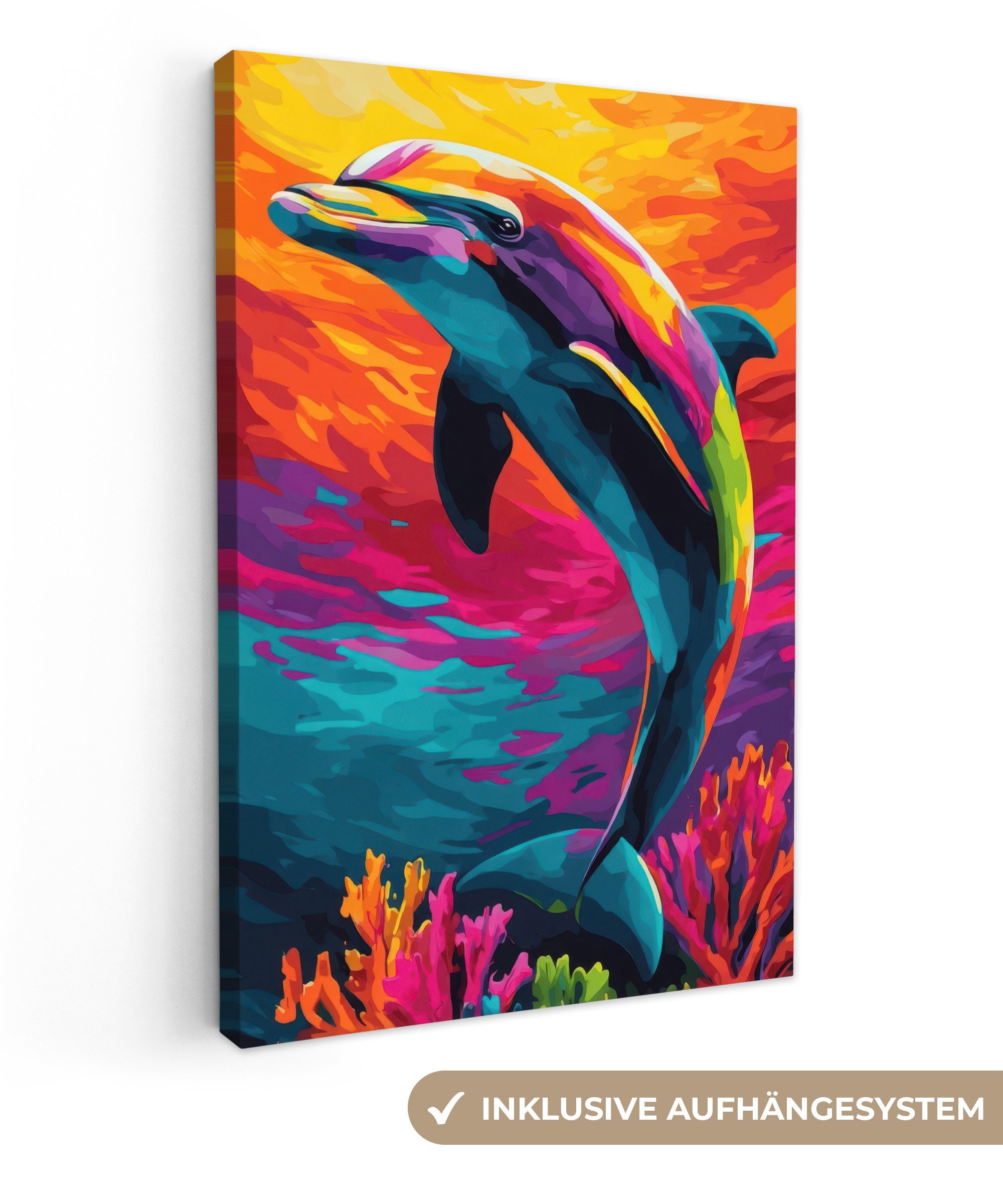 OneMillionCanvasses® Leinwandbild Delfin - Farbenfroh - Ozean - Koralle, Fotodruck (1 St), Leinwand Canvas Wandbild, Wanddekoration 20x30 cm