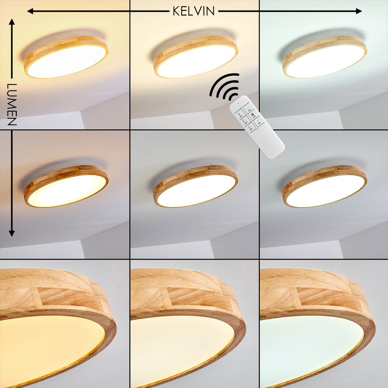 hofstein Deckenleuchte »Voltre« dimmbare Deckenlampe Fernbedienung CCT Metall über 5500 in - 170-1350 Lumen, Kelvin, Ø60cm, 3000 aus Weiß/Holzoptik, 24 Watt, einstellbar/dimmbar