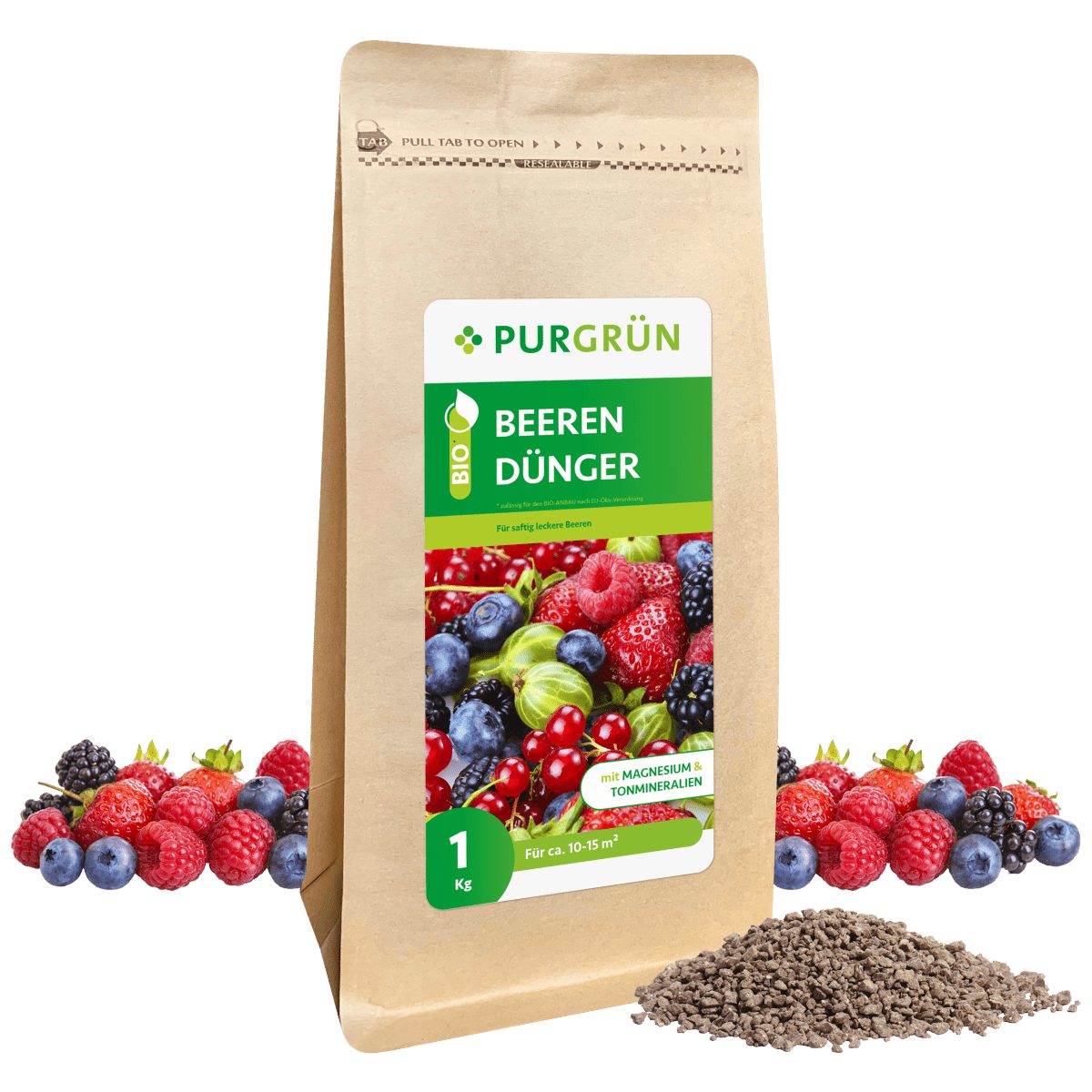 Obstdünger Purgrün Bio Beerendünger, NPK 6+3+8, Magnesium, Tonmineralien, 1 kg