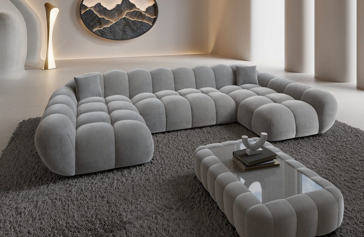 Sofa Dreams Loungesofa Maleron U Form Studio Design Couch, Stoff Wohnlandschaft, 6-Sitzer, Polster Sofa, Samtstoff Bezug Hellgrau