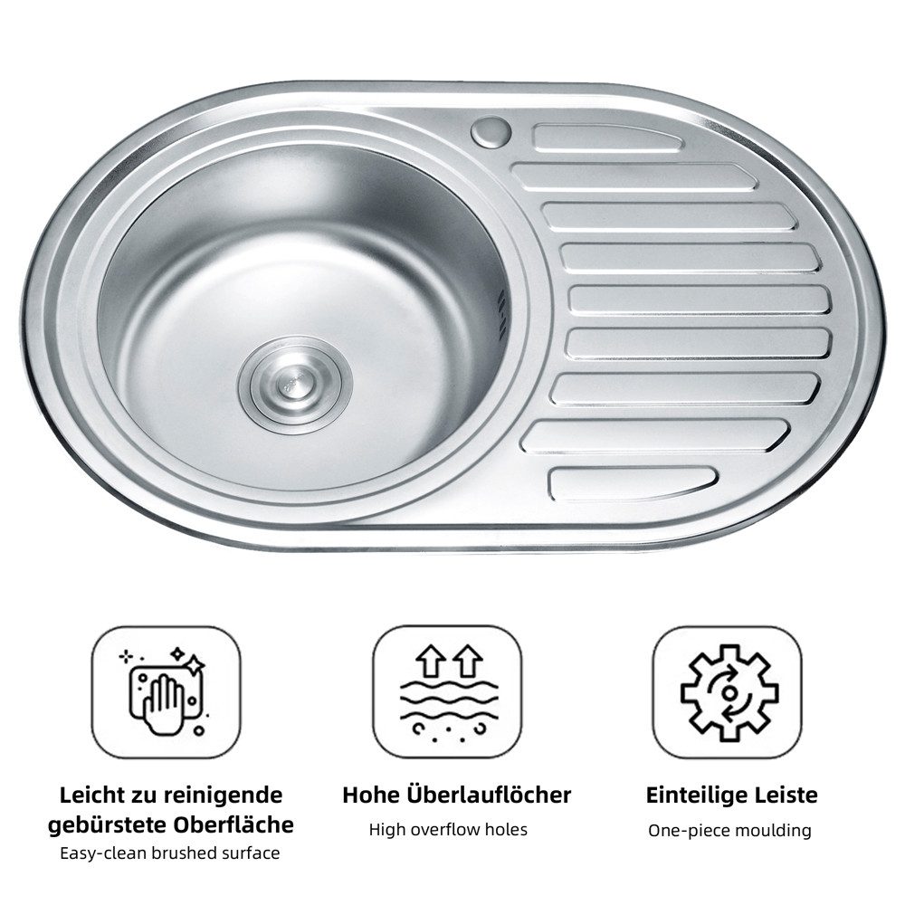 Feel2Home Edelstahlspüle Einbauspüle 77x50cm rund aus Edelstahl Ablage - links Küchenspüle Rund, oval, 77/50 cm, Anti-Kondensbeschichtung, (Stück, 1 St., 1 x Rundbecken Spüle mit Ablage - Links inkl. Zubehör Paket), Anti-Kondensbeschichtung