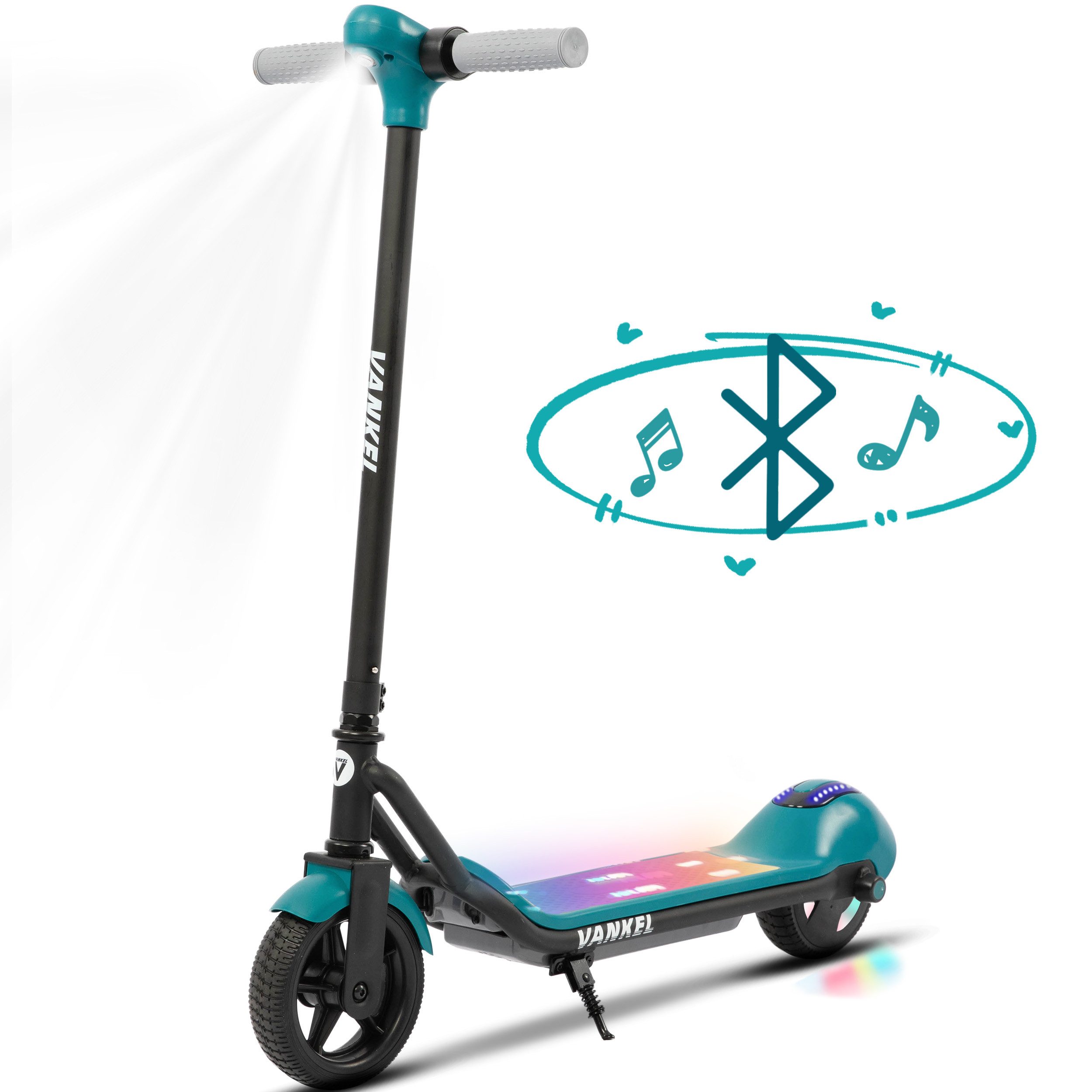 Vankel E-Scooter Kinder ab 6 Jahren, Elektro Kinderroller, Bunte Leuchten, Cityroller, 110 W, mit Bluetooth-Lautsprecher, 6,5 Zoll E-roller, Cityroller, E-Bremse