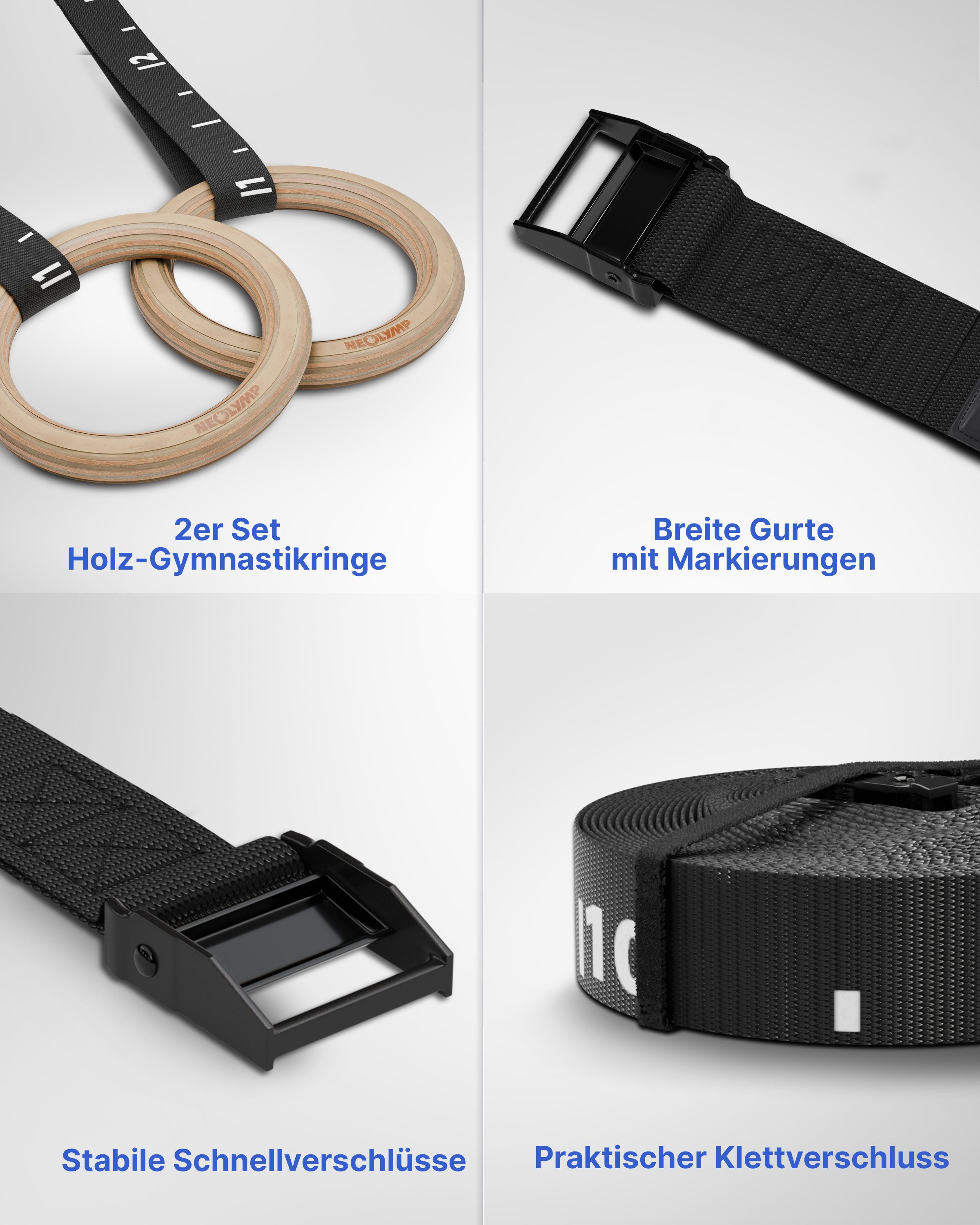 NEOLYMP Turnring NEOLYMP Turnringe Outdoor – Gymnastikringe – Absorbiert Schweiß (Turngeräte für Zuhause & Outdoor Training - Calisthenics Ringe, Gymringe Outdoor, Schnellgurtverschlüsse, Tragetasche), Optimaler Grip & Haltbarkeit - Turnringe geschliffen -400kg belastbar