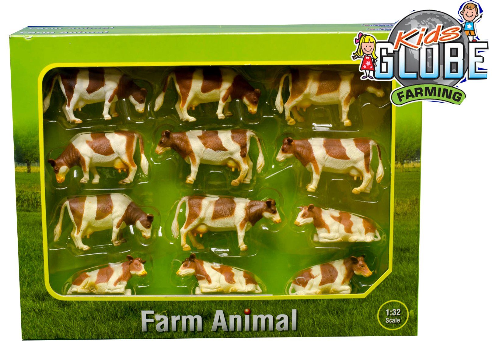 Farbe braun weiß Kids Globe Kühe liegend/stehend 12 Stück Bauernhof Tiere 1:32 