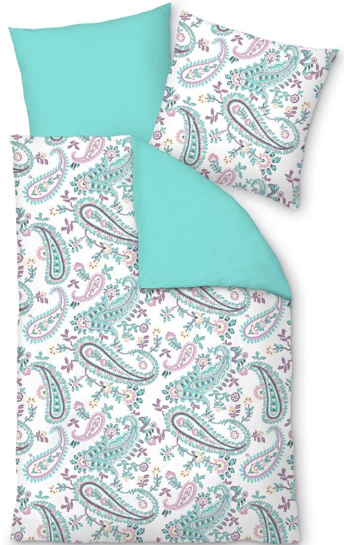 LIVING DREAMS Bettwäsche Bettwäsche-Set HOLIDAY PAISLEY reine Baumwolle Satin, Satin, 2 teilig, moderne Paisleys auf weißem Untergrund - Rückseite aqua türkis