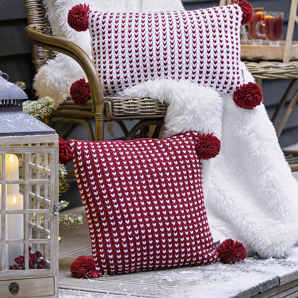 Home-trends24.de Kissenhüllen Kissenhülle Bommel 2er Set Rot Weiß Strickmus günstig online kaufen