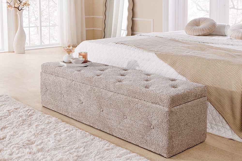 riess-ambiente Bettbank EXTRAVAGANCIA 140cm champagner greige · Stauraumbank aus Bouclé-Stoff (Einzelartikel, 1-St), Klappdeckel · Schaumstoffpolsterung · Sitzbank im Chesterfield-Design