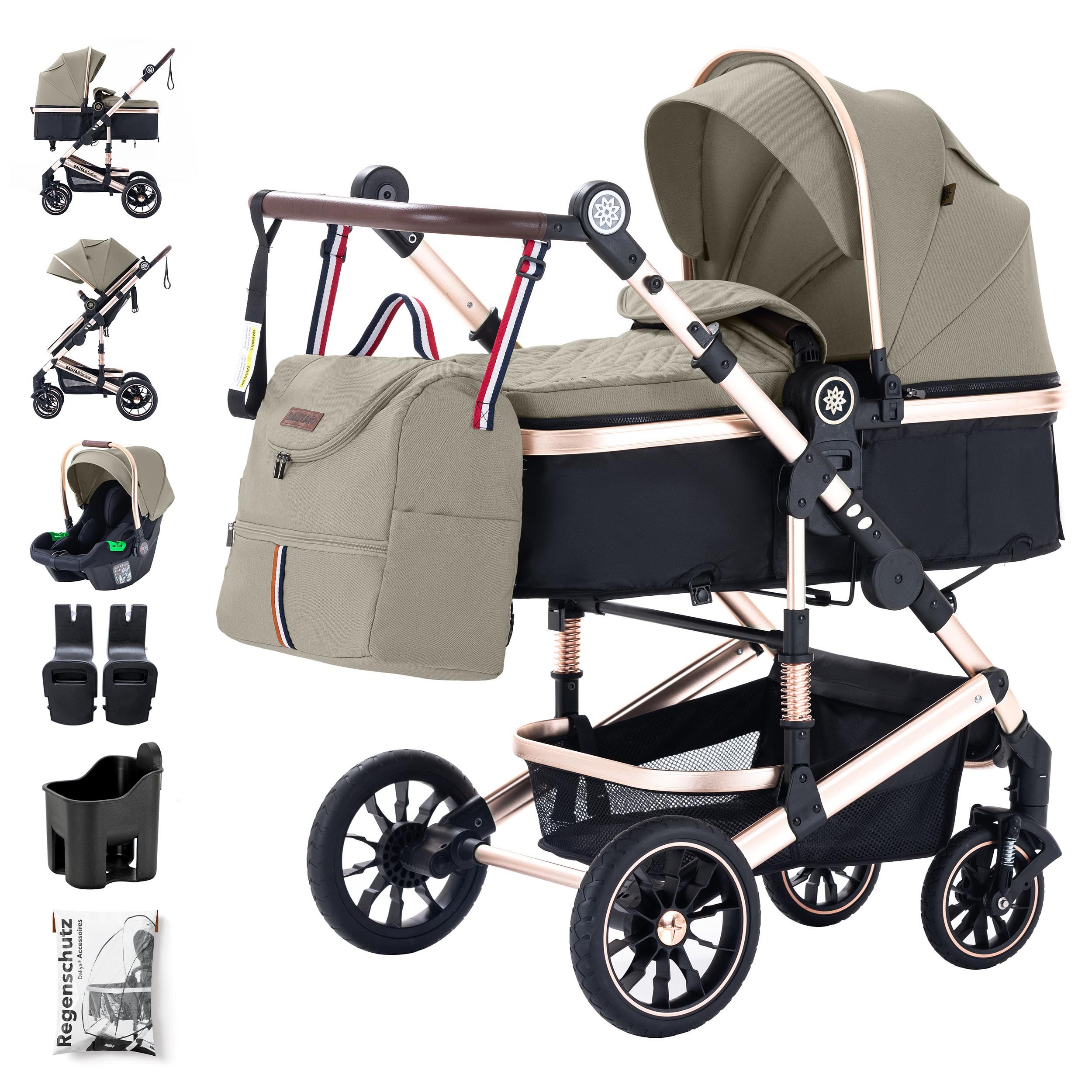 Daliya® Kombi-Kinderwagen NEOMOVE 3in1 Kinderwagen mit i-Size Babyschale & Buggy, (Reise-Set, 10-tlg), Kinderwagen mit i-Size Babyschale, Alu-Rahmen, Großer Einkaufskorb