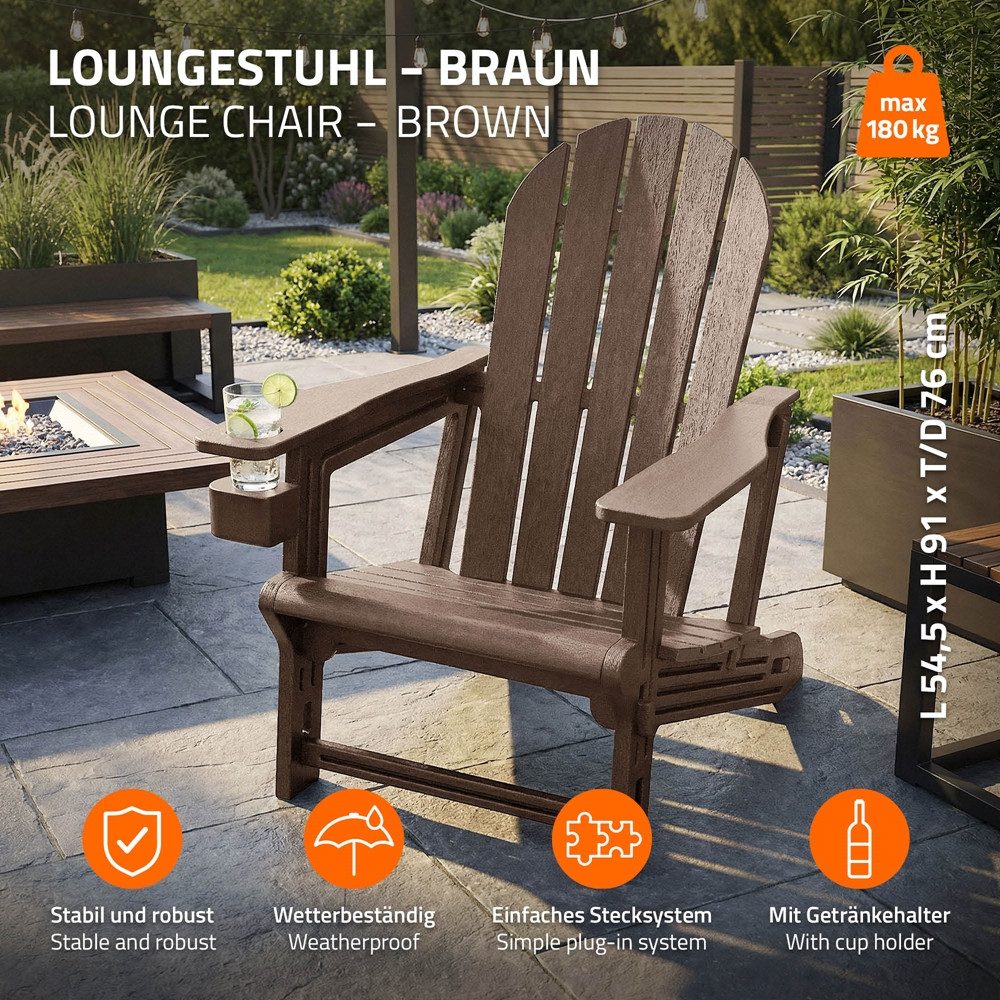 ML-DESIGN Gartenstuhl Adirondack Stuhl Kunststoff-Holzoptik Loungestuhl mit Getränkehalter, Gartensessel bis 180kg wetterfest Loungesessel für Garten & Terrasse
