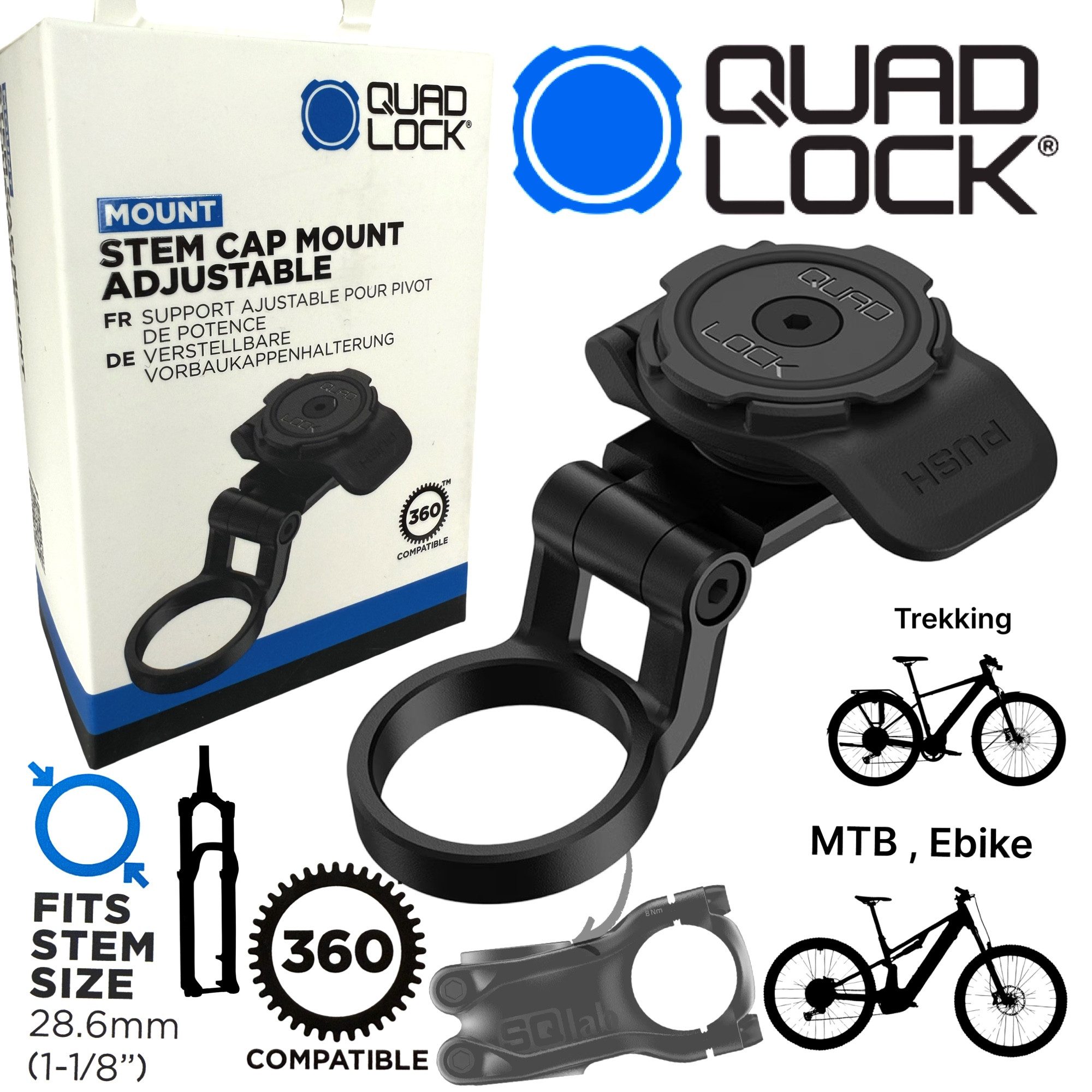 Quad Lock Handy-Halterung QUAD LOCK Fahrrad Vorbau Kappen Handy Halter einstellbar