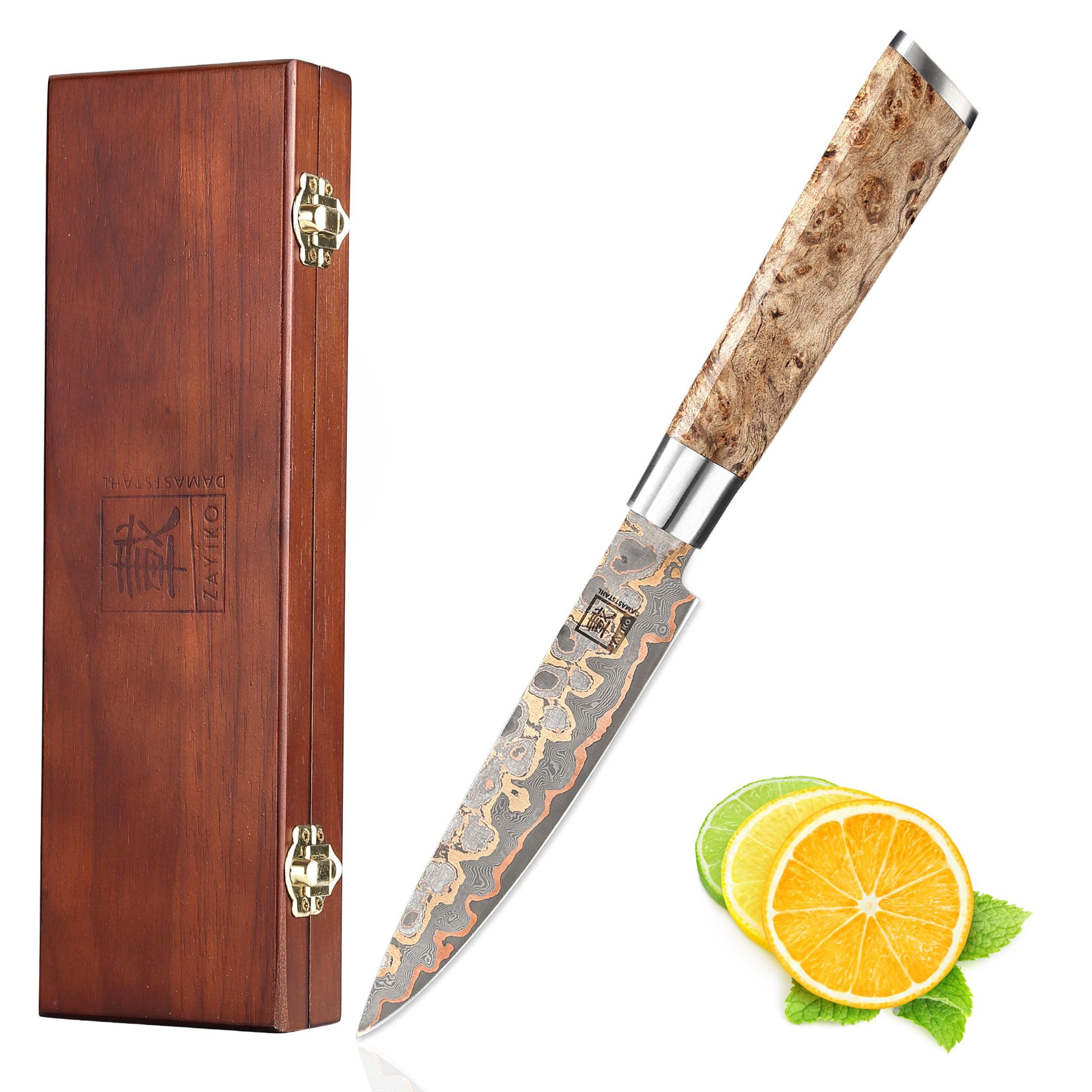ZAYIKO Allzweckmesser MysticMagma Damast Allzweck Küchenmesser I 14 cm Klinge Kupfer-Bronze, Damaststahl, Kupfer-Bronze-Einlage