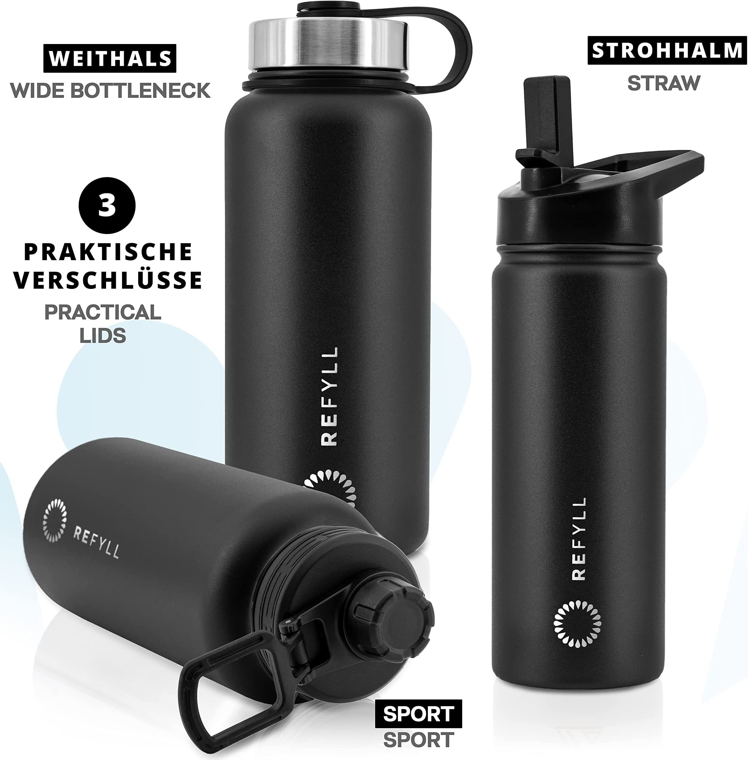 Trekking Edelstahl Premium “easyFYLL” Black Fitness, - & REFYLL 500ml Wandern, 1000ml, 1000ml Trinkflasche Fahrrad, Thermoflasche für Thunder Isolierflasche