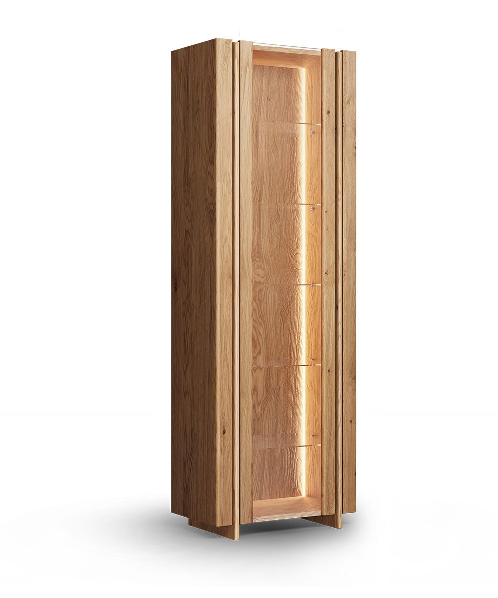 Feldmann-Wohnen Vitrine Travertino (mit Tür, mit Einlegeböden, mit Glaseinsatz, mit Beleuchtung, 1-St., mit Tür, mit Einlegeböden, mit Glaseinsatz, mit Beleuchtung) 68x41x206cm Massivholz Wildeiche Natur, ohne Travertin Naturstein