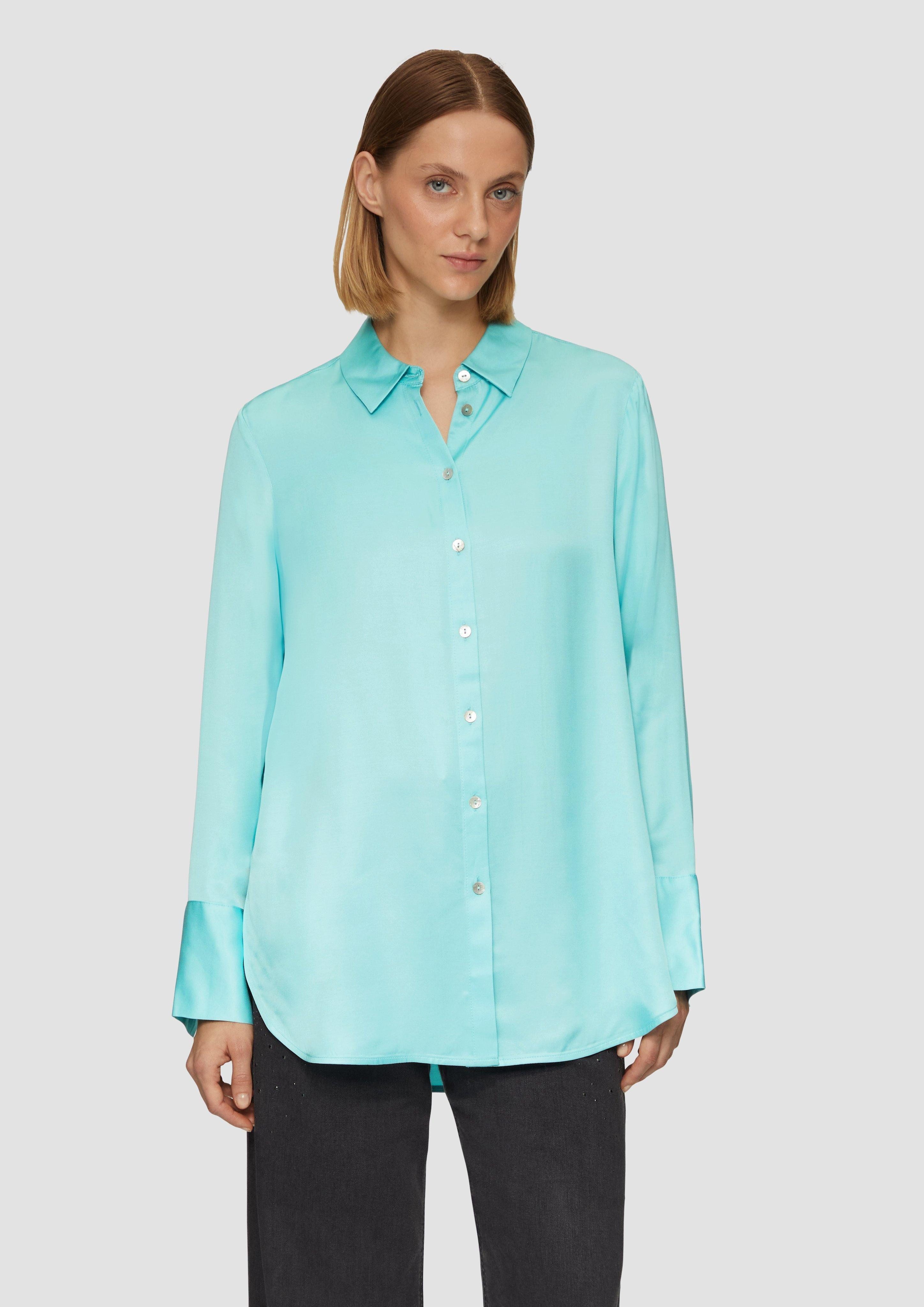 Langarmbluse Longbluse aus Viskosesatin mit Perlmuttknöpfen