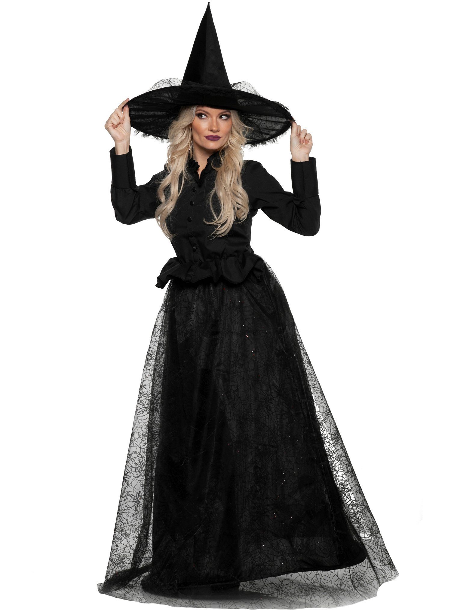 Underwraps Hexen-Kostüm Schwarze Spinnenhexe - Halloween Kostüm Damen, Tiefschwarze Märchenhexe mit Spinnwebmuster