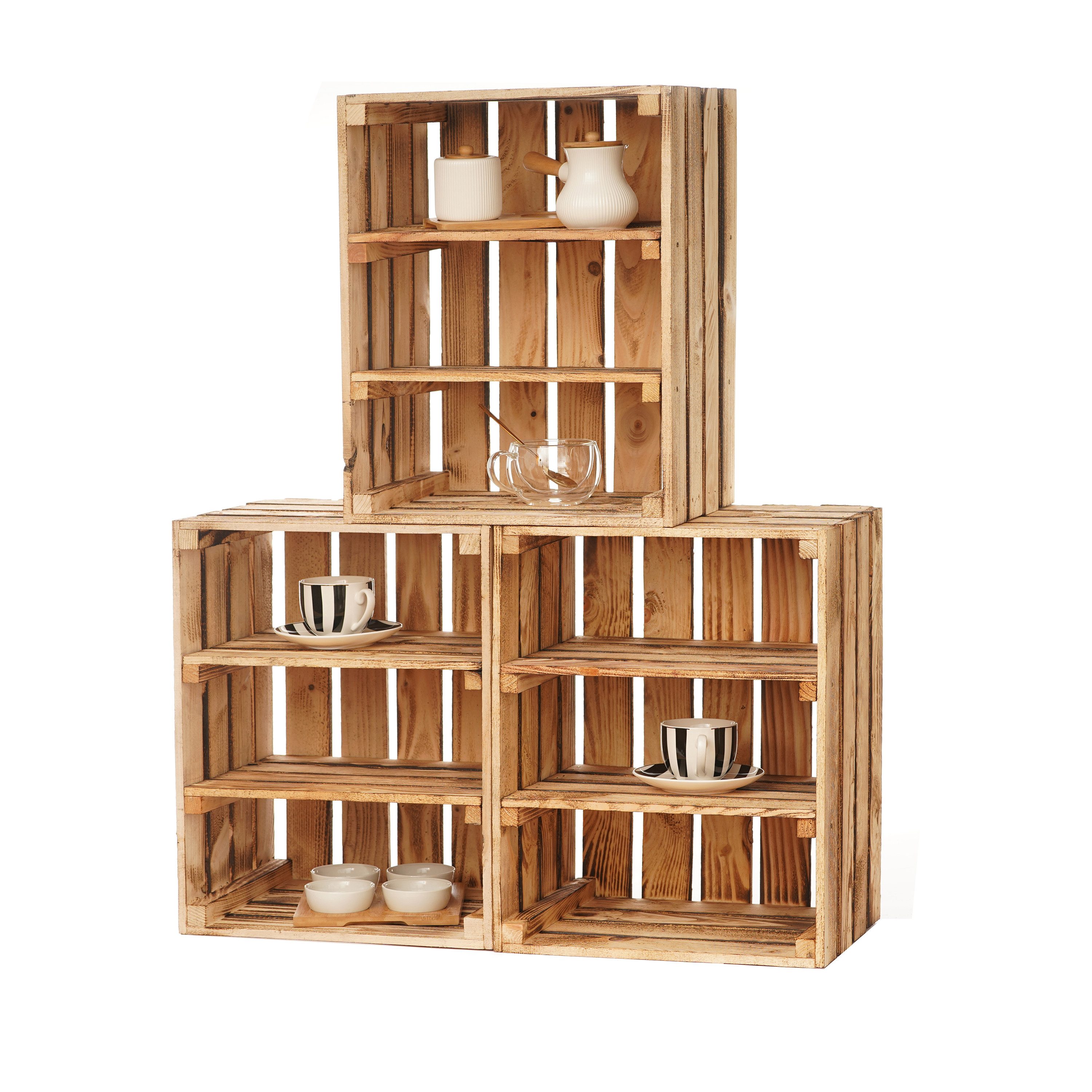 GrandBox Dekokiste Holz Kiste 50x40x30 cm geflammt Vintage mit 2 Brettern (1er Set)