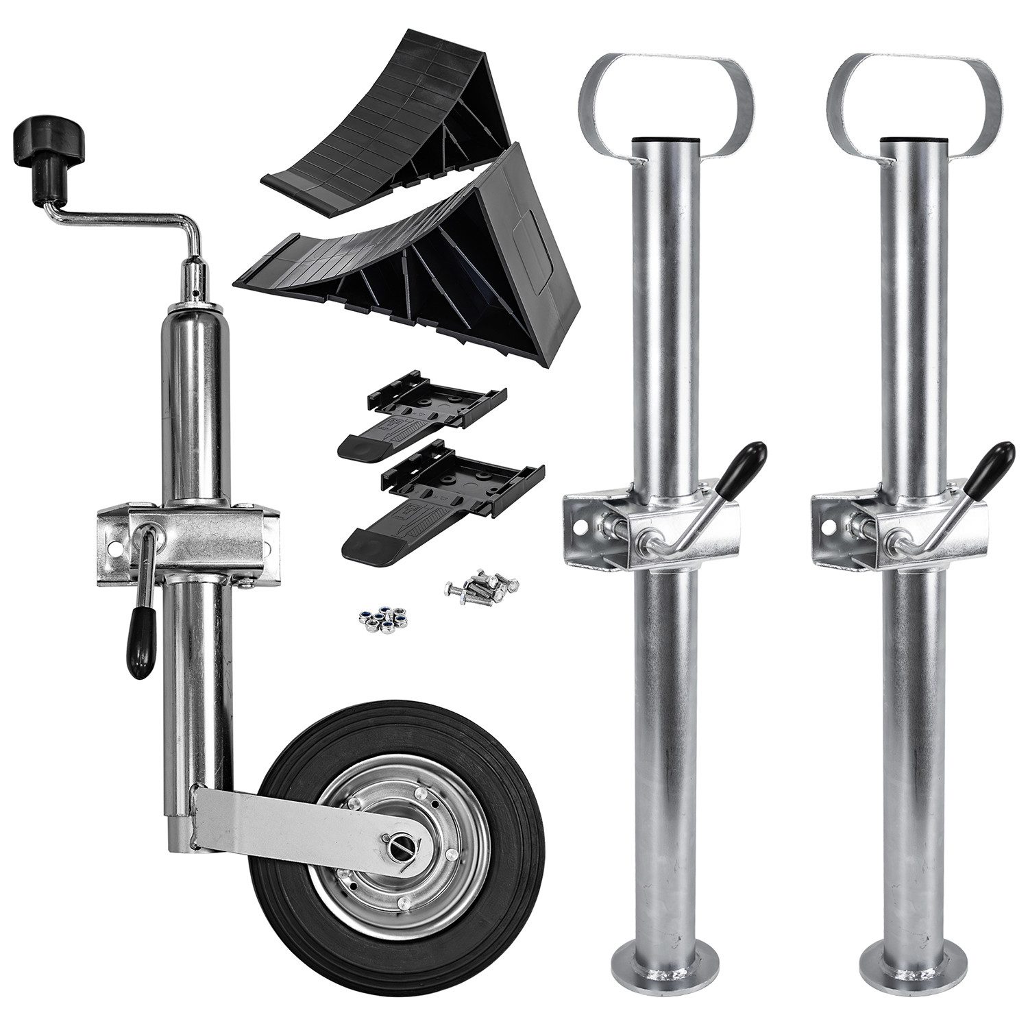 Trucky Anhänger-Stützrad Set Stützrad für Anhänger + 2x Anhängerstützen + 2x Unterlegkeile
