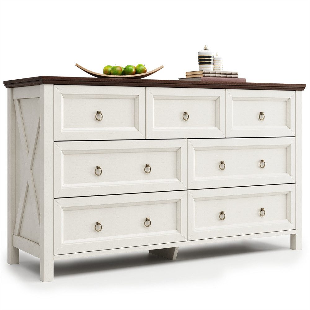 OKWISH Sideboard Anrichte,Küchenschrank,Kommode,Esszimmerschrank (Weißes Vintage Sideboard mit Walnussarbeitsplatte & Aluminiumgriffen – 7 geräumige Schubladen für sicheren Stauraum, Anti-Kipp-Vorrichtung, ideal für Wohnzimmer & Schlafzimmer)