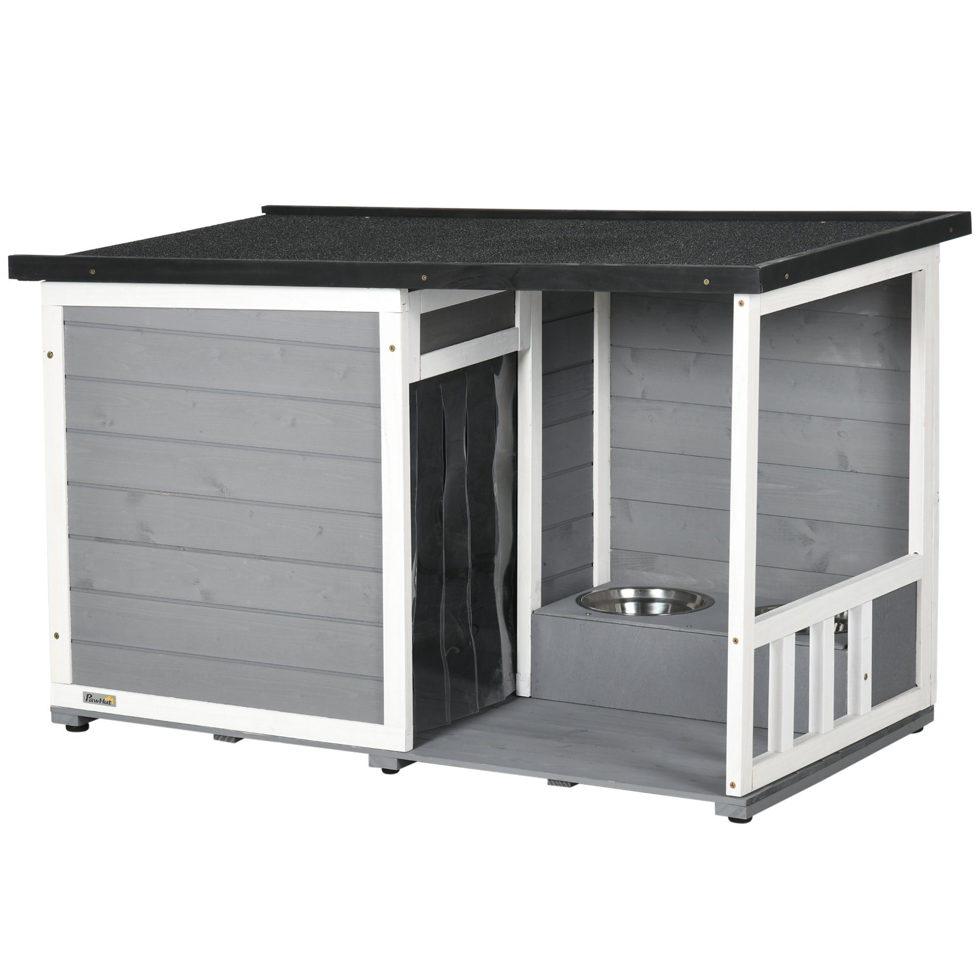 Hundehütte mit 2 Fressnäpfen, Veranda, wetterbeständig