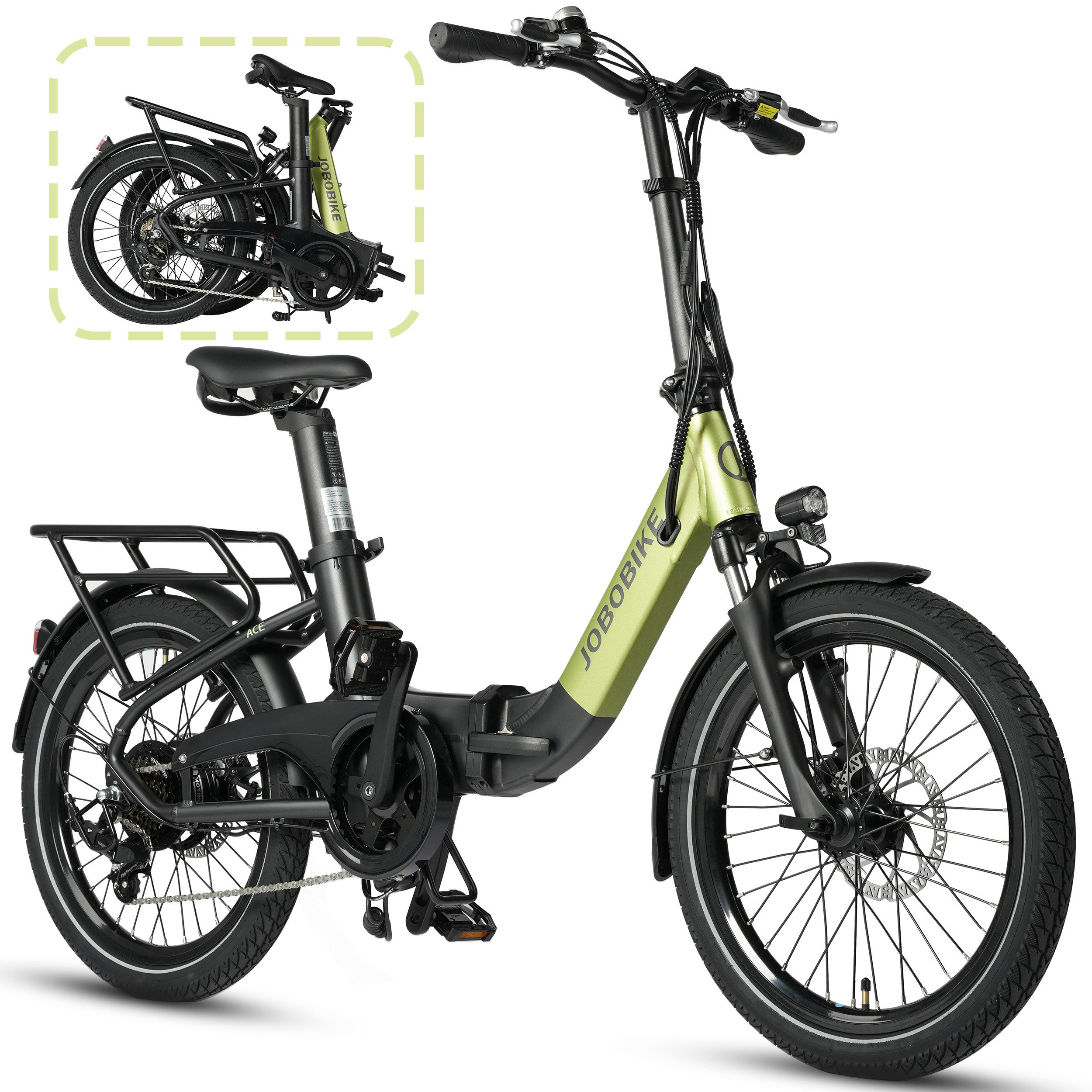 JOBOBIKE E-Bike Klapprad 20 Zoll, Faltrad Ace, E-Cityrad mit Tasche, 360Wh Sitzrohrakku, 90km, 7 Gang Shimano, Kettenschaltung, Heckmotor, 360 Wh, (mit Akku-Ladegerät, mit Bluetooth), Faltbares Elektrofahrrad für Damen und Herren, Scheibenbremsen