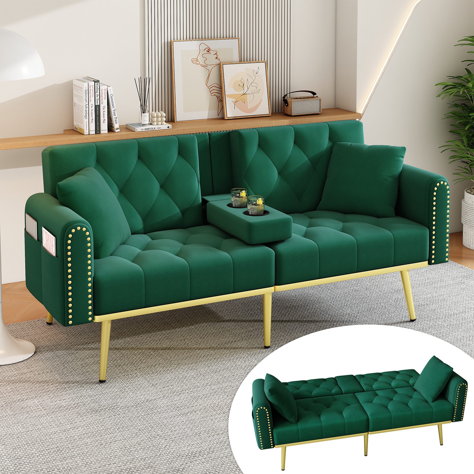 Merax Schlafsofa mit 3 verstellbaren Neigungswinkeln & ausklappbarer Liegefunktion, 2 sitzer Klappsofa Polstersofa mit bettfunktion 1 Teile, Sofa klappbar mit Getränkehalter, Zierkissen & Seitentasche, Samtbezug