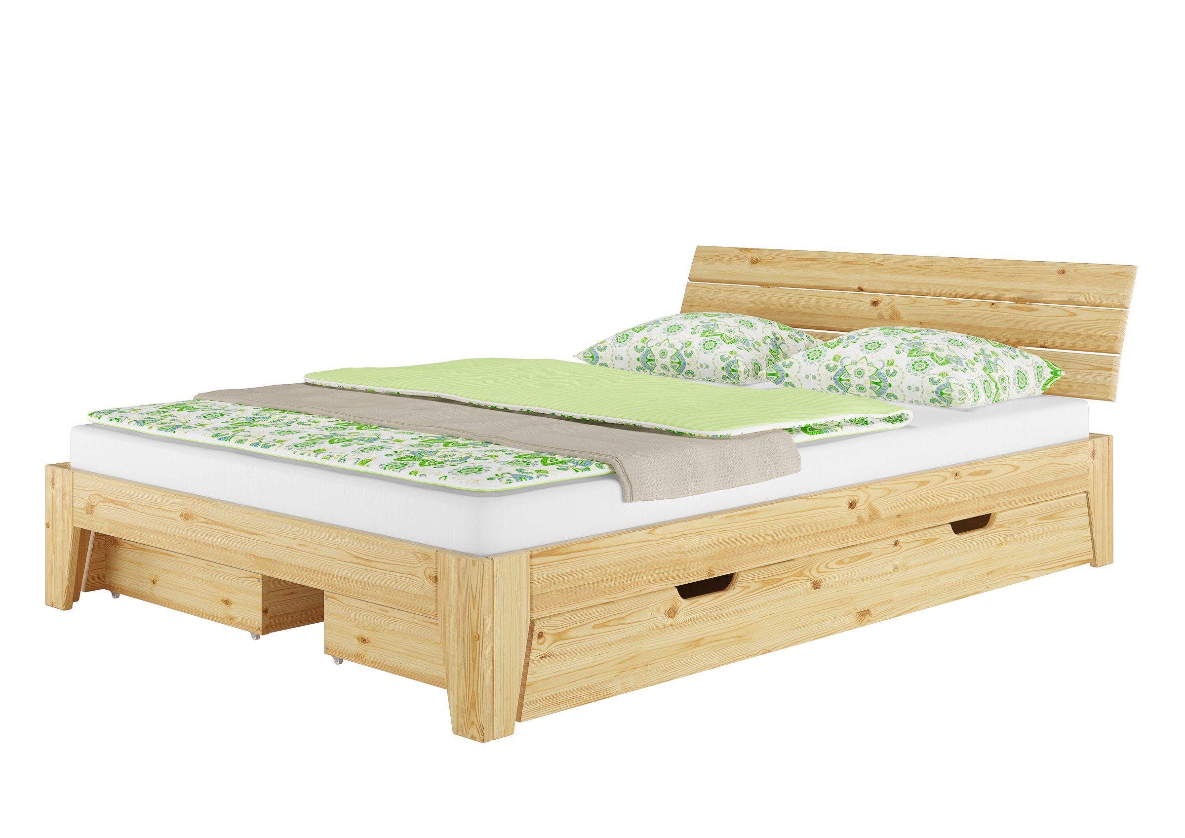 ERST-HOLZ Bett Echtholzbett Doppelbett Kiefer wählbar, Kieferfarblos natur lackiert massiv Zubehör