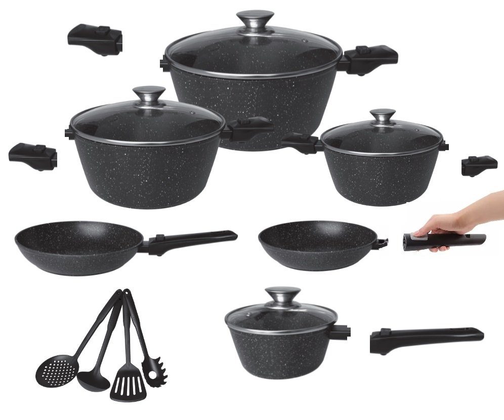 Cheffinger Topf-Set XXL 14 tlg Kochtopfset Abnehmbare Griffe Pfanne +4 Küchenhelfer, (14-tlg)