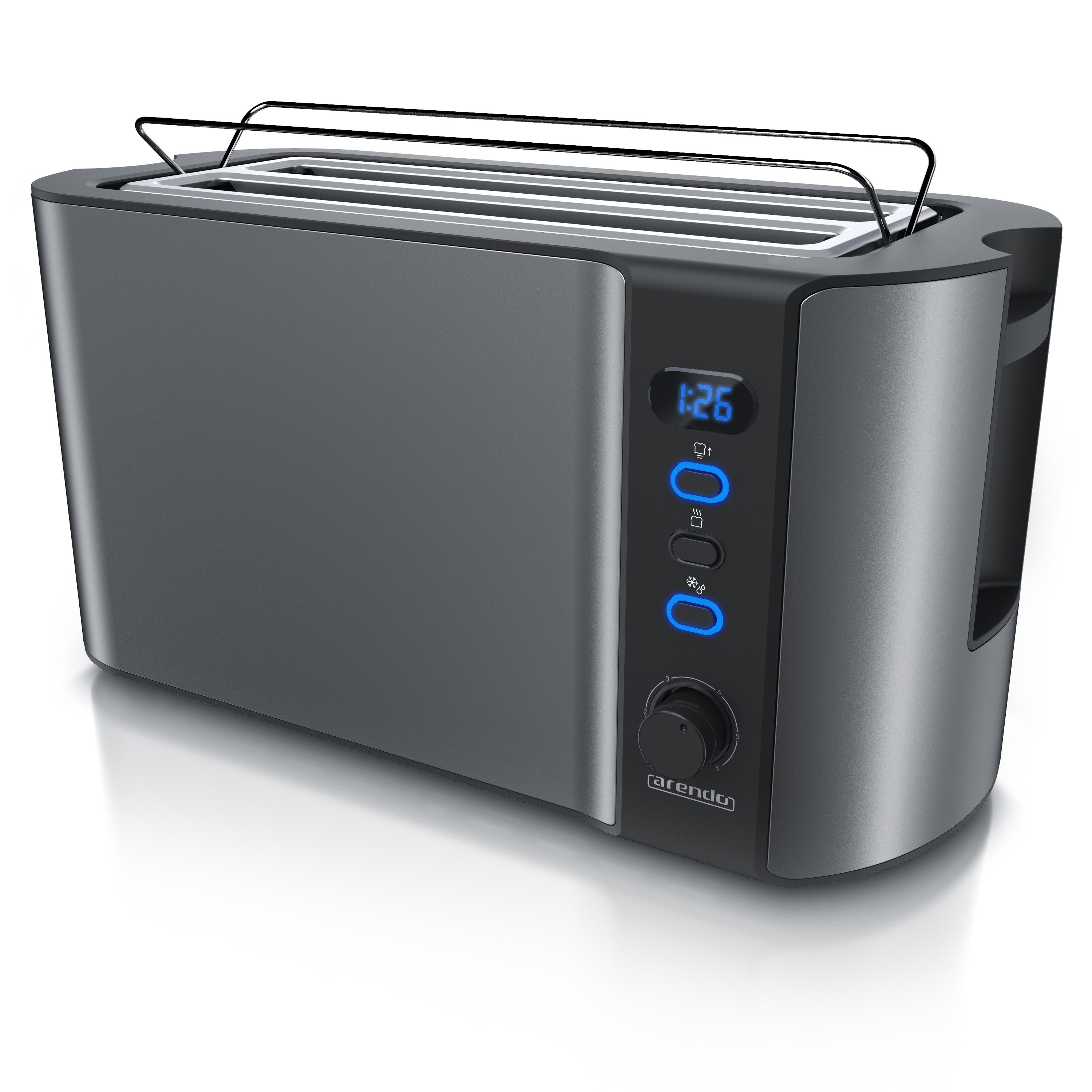 Arendo Toaster Langschlitz, Display mit Restzeitanzeige, Krümelschublade, Edelstahl, 2 lange Schlitze, für 4 Scheiben, 1500 W, Wärmeisolierendes Gehäuse mit Brötchenaufsatz, Defrost Funktion