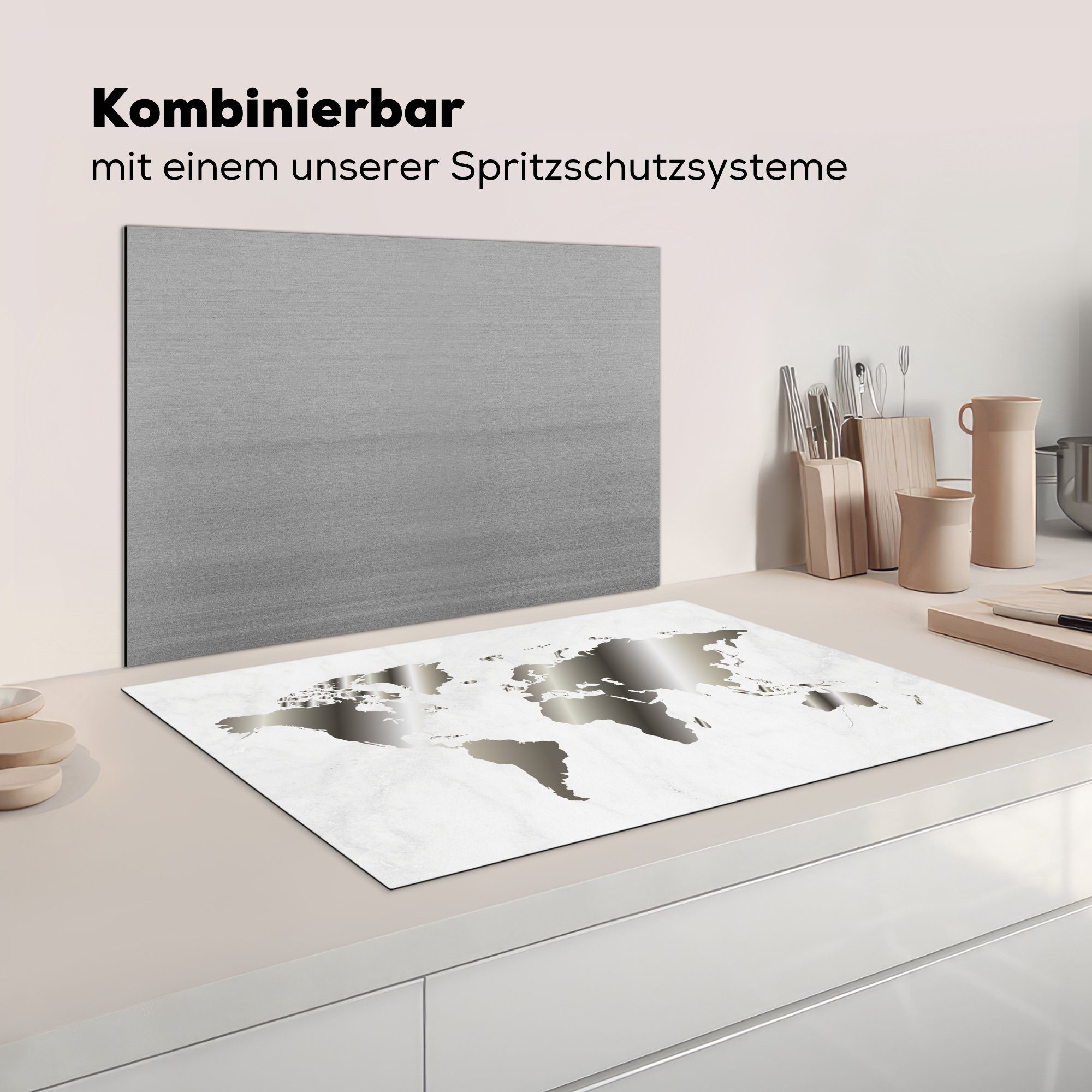 Ceranfeldabdeckung 81x52 (1 weiß Herdblende-/Abdeckplatte küche, Vinyl, MuchoWow für cm, Schutz Weltkarte Schwarz - die Marmor, und tlg), Induktionskochfeld -