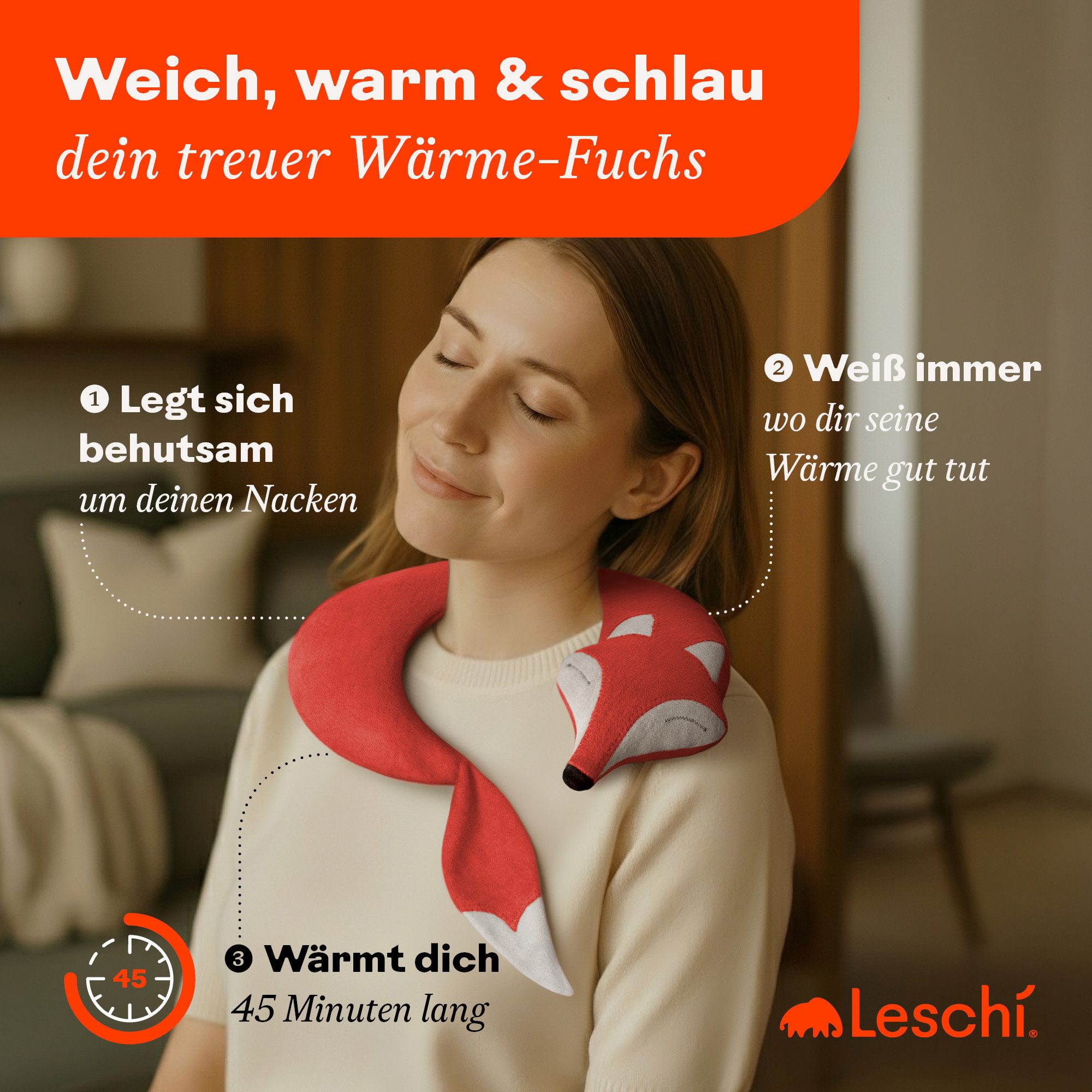 Leschi Wärmekissen mit Bio-Weizen für Nacken & Schultern, Mikrowelle, Körnerkissen Fuchs