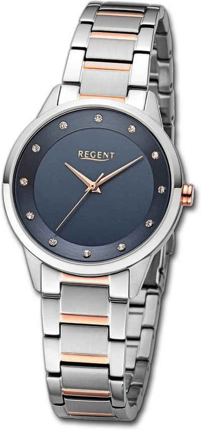 Regent Quarzuhr Regent Damen Armbanduhr Analog, Damenuhr Metallarmband silber, rosegold, rundes Gehäuse, groß (33mm)