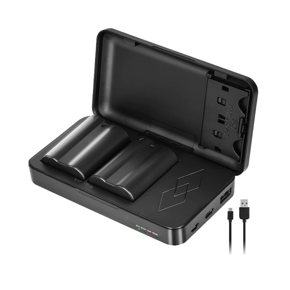 Trade-Shop Dual Ladegerät Powerbank für Sony Alpha 5100 6000 6100 6300 mit 2x Kamera-Akku Li-Ion, Anschluss über Micro-USB, USB-C oder USB-A / mit Speicherkarten-Slot