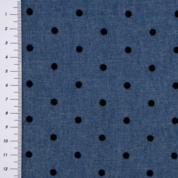 SCHÖNER LEBEN. Stoff Sommer-Jeansstoff Jeans Punkte beflockt dunkelblau schwarz 1,45m, allergikergeeignet