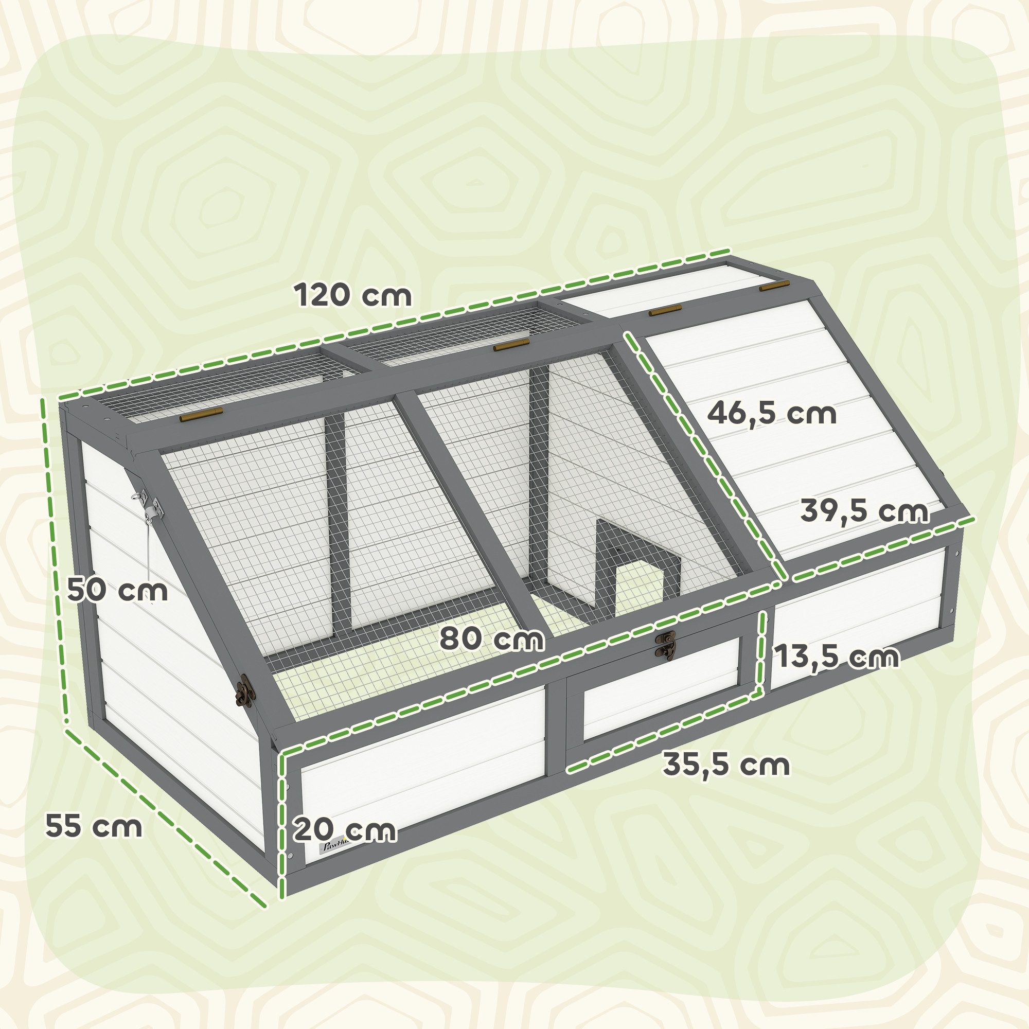 PawHut Kleintierstall Schildkrötenhaus aus Holz Schildkrötengehege mit Haupthaus, für Kleintiere 120 x 55 x 50 cm, Weiß