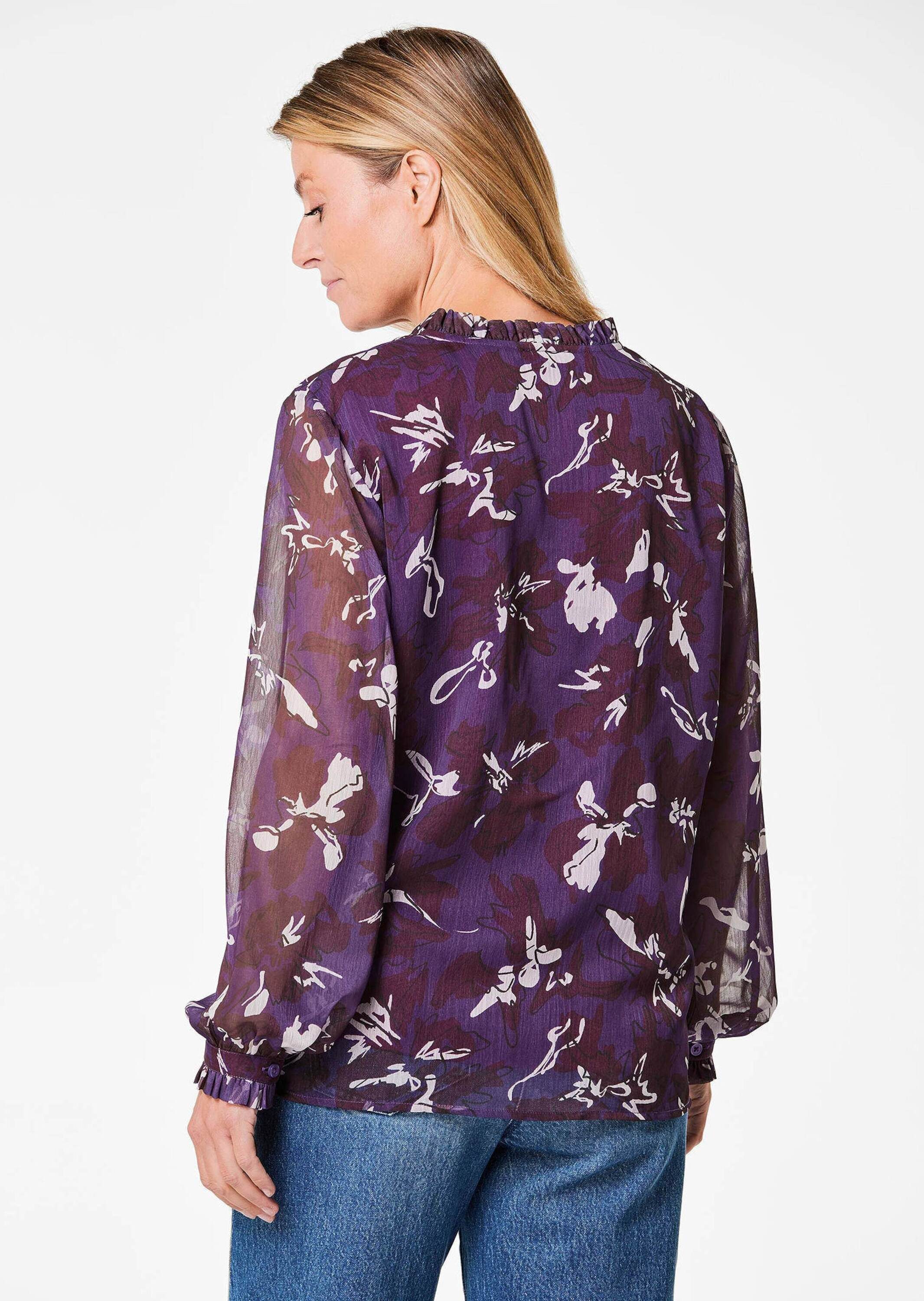 GOLDNER Chiffonbluse Kurzgröße: Chiffonbluse mit Rüschen und Bindeband Gemustertes Design mit femininem Ausschnitt und Bindeband
