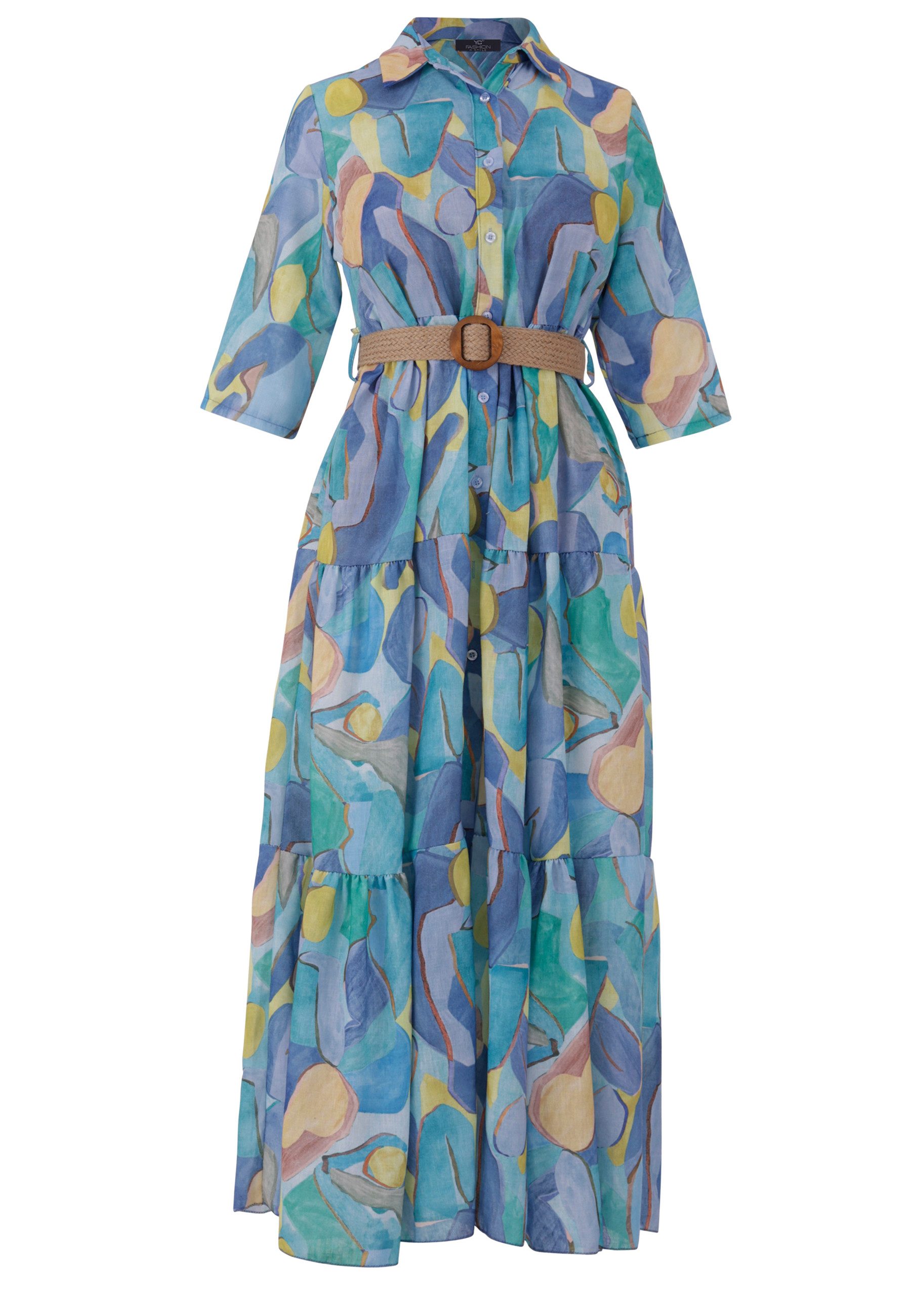 YC Fashion & Style Maxikleid Leinenkleid mit Bindegürtel & Stufenrock mit Alloverdruck
