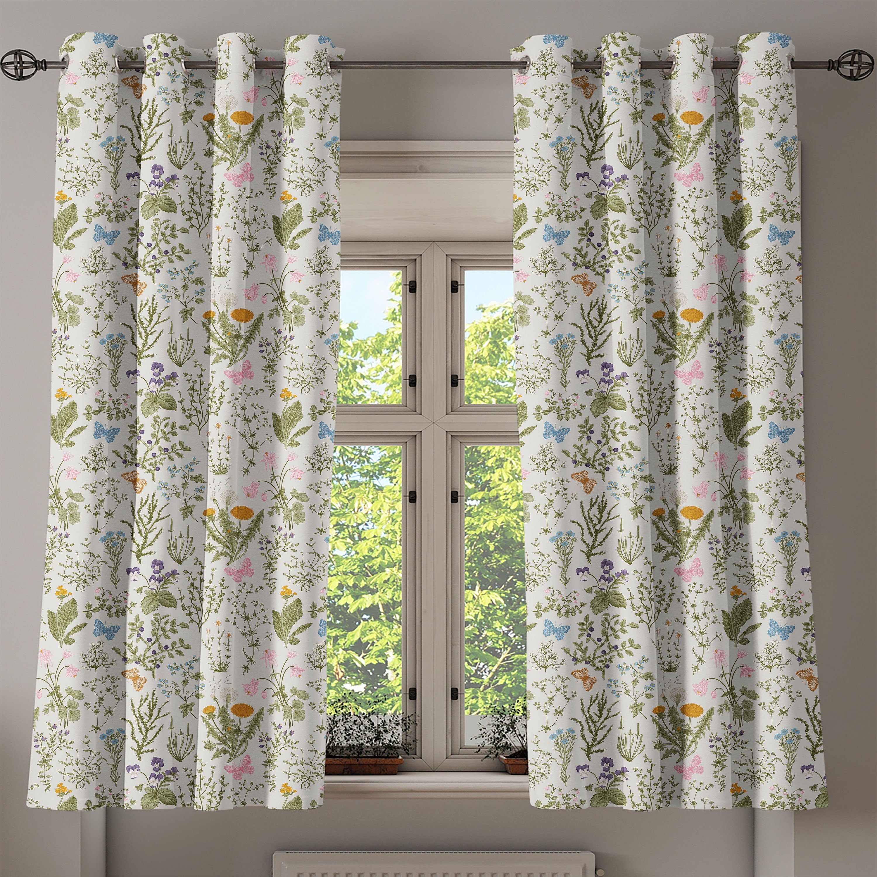 für Gardine Schlafzimmer Plants Blumen Abakuhaus, Dekorative Garden 2-Panel-Fenstervorhänge Wohnzimmer, Vintage