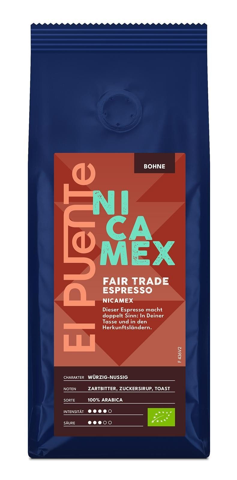 El Puente Kaffee NicaMex - Bio-Espressobohnen 250 g, Fair Trade, Vegan, Bio, Handmade