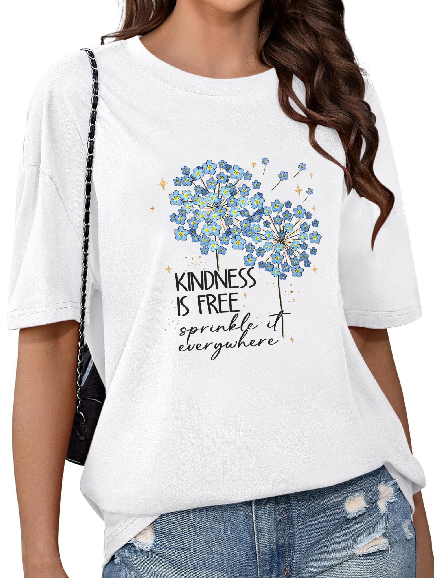 PYLIKE Kurzarmshirt Damen Sommer Casual Bequemes T-Shirt mit Löwenzahn Print Tee Bequem für Freizeit und Büro,Strandurlaub