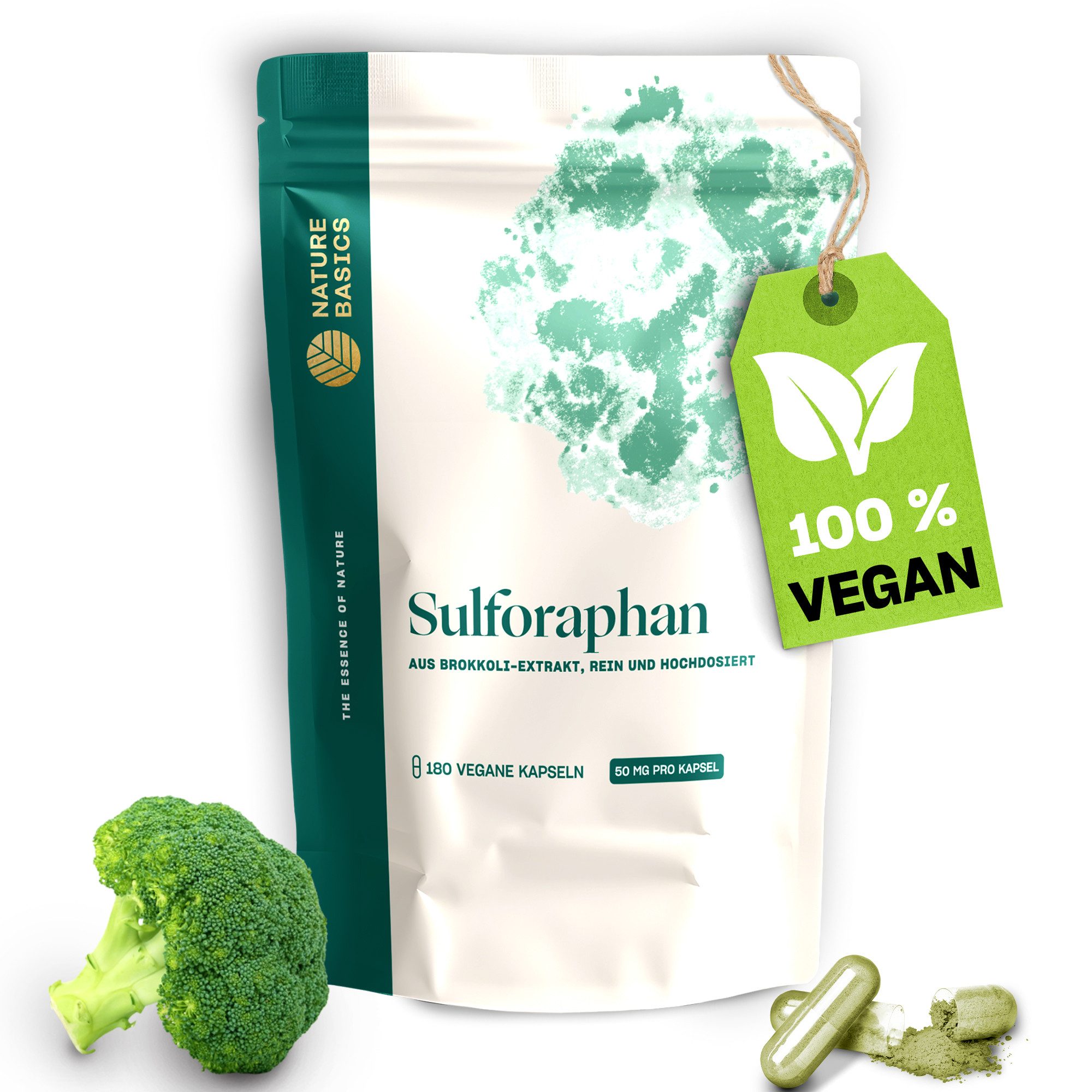 Nature Basics Sulforaphan 500mg Brokkoli Extrakt Vegane Kapseln 180 Kapseln, mit 10% reinem Sulforaphan, 50mg, pro Tagesdosis, Antioxidans à 110 g