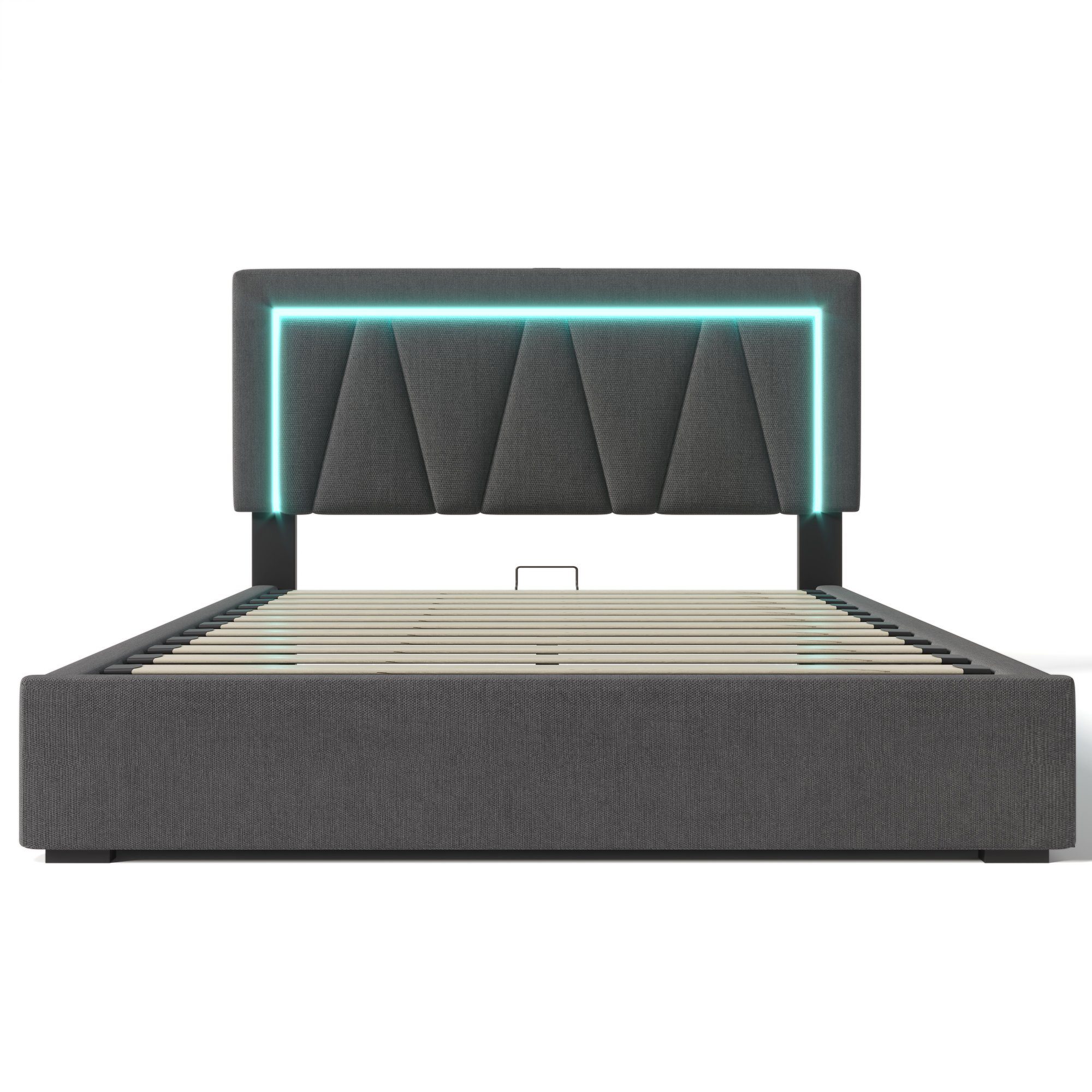 Polsterbett (Stauraumbett mit Lattenrost, 160x200cm), LED Doppelbett mit USB Typ C Ladefunktion, Leinen, Ohne Matratze