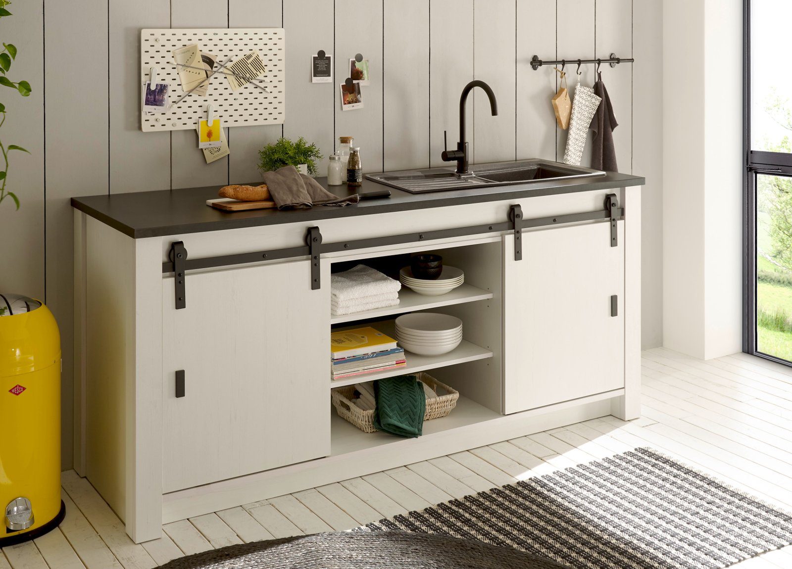Furn.Design Spülenunterschrank Stove (Küchenschrank in weiß Pinie Vintage, BxH ca.: 201 x 93 cm) für Spüle oder Ceranfeld
