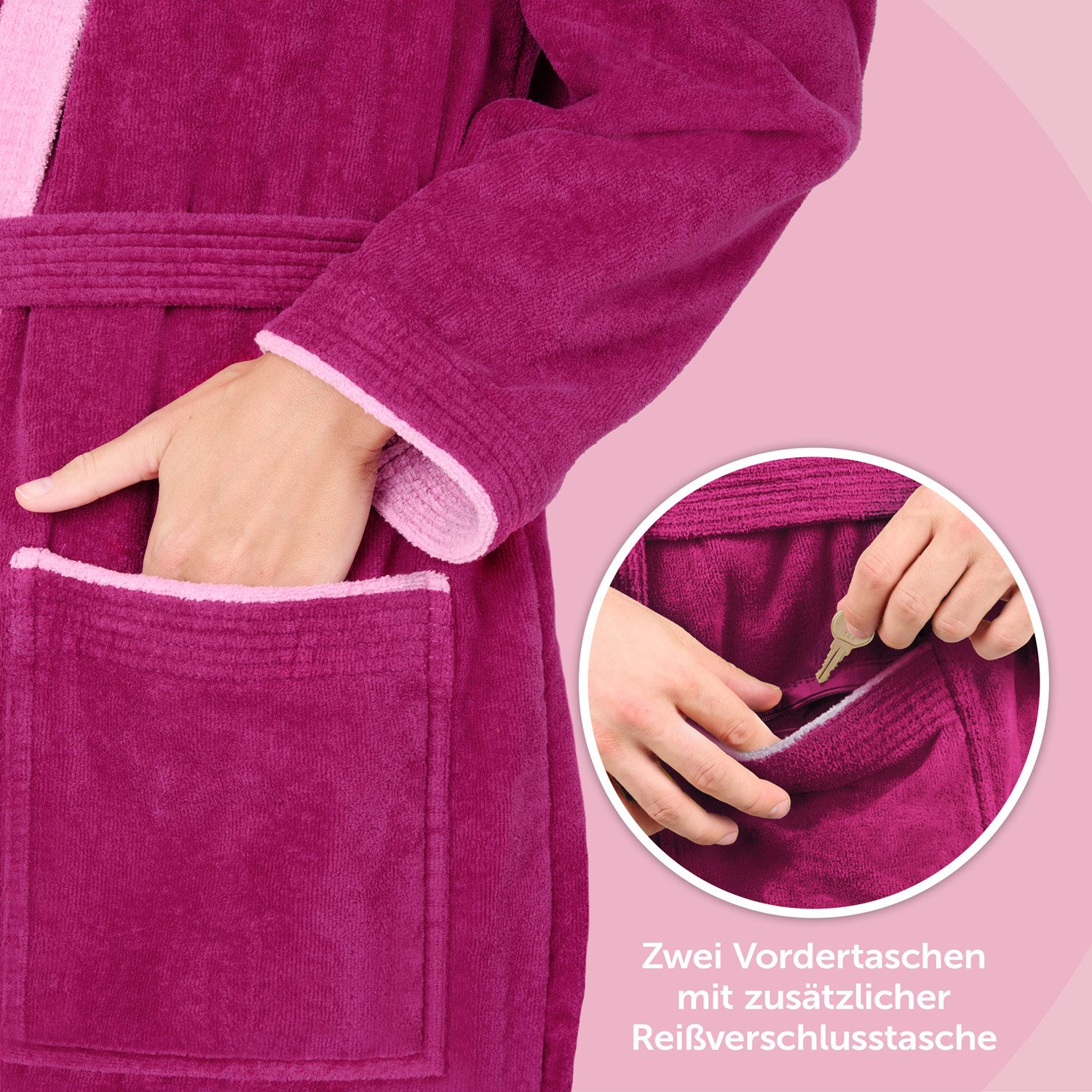 Blumtal Bademantel Damen, mit gefütterter Kapuze, Baumwolle, und samtigen Frottee-Velours, Oeko-TEX® Zertifiziert