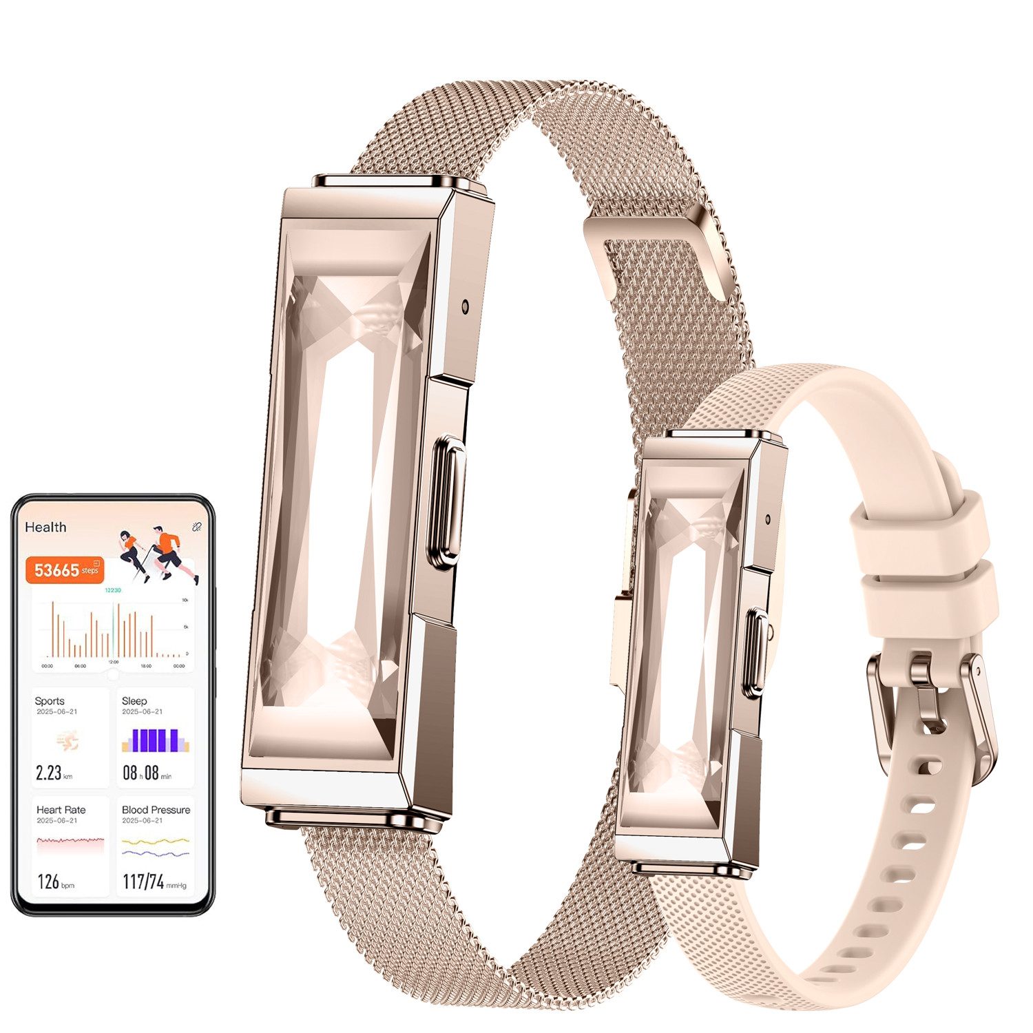 ANYSUN Stylischer Fitness Tracker Smartwatch ohne Display für Damen Herren Smartwatch 24/7 Aktivitäts- und Schlaftracker mit Herzfrequenz Blutsauerstoff HRV, 30 Tage, Modisches Edelstein-Armband,Vibrationsalarm,170+ Sportmodi, Kein Abo
