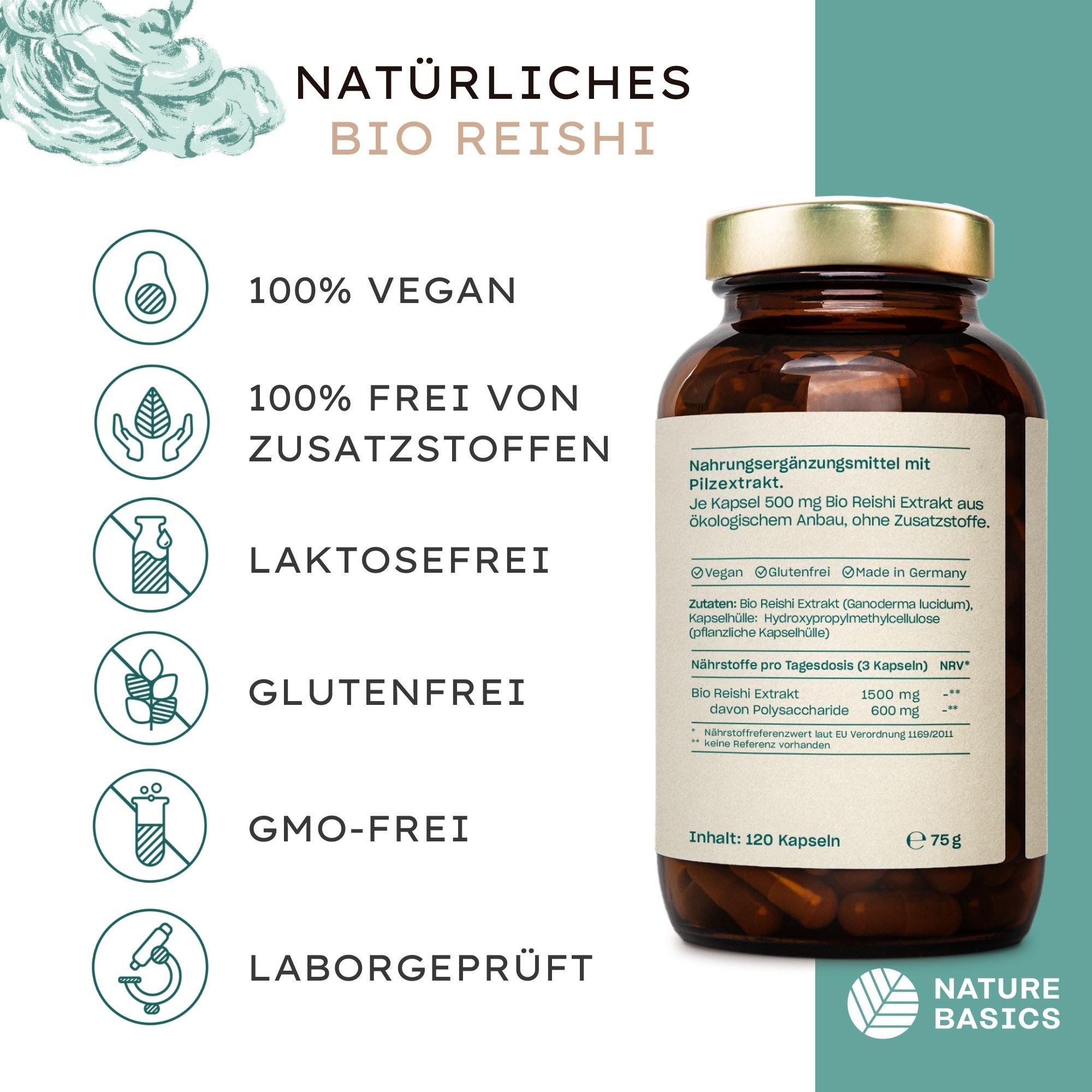 Nature Basics Hochwertiges Bio Reishi 1500mg Vegan im Braunglas 120 Kapseln, 120 St., 79 g