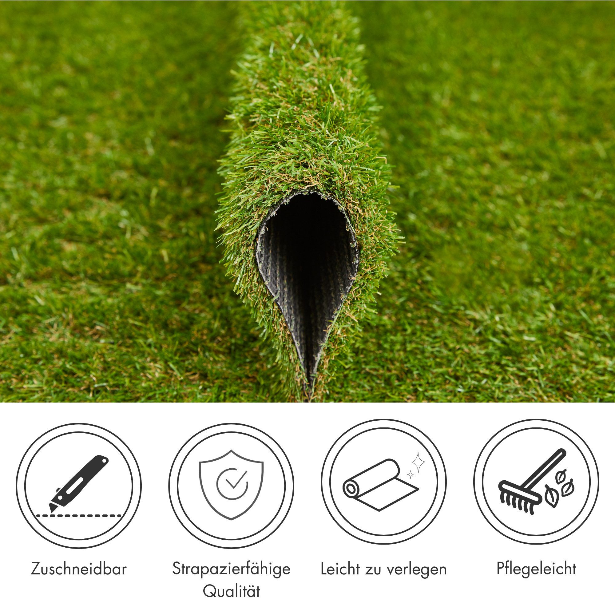 Andiamo Kunstrasen Rasenteppich Bali, Gesamthöhe 31 mm, Made in Belgium, rechteckig, realistische Optik, mit Drainagefunktion, für Balkon & Terrasse