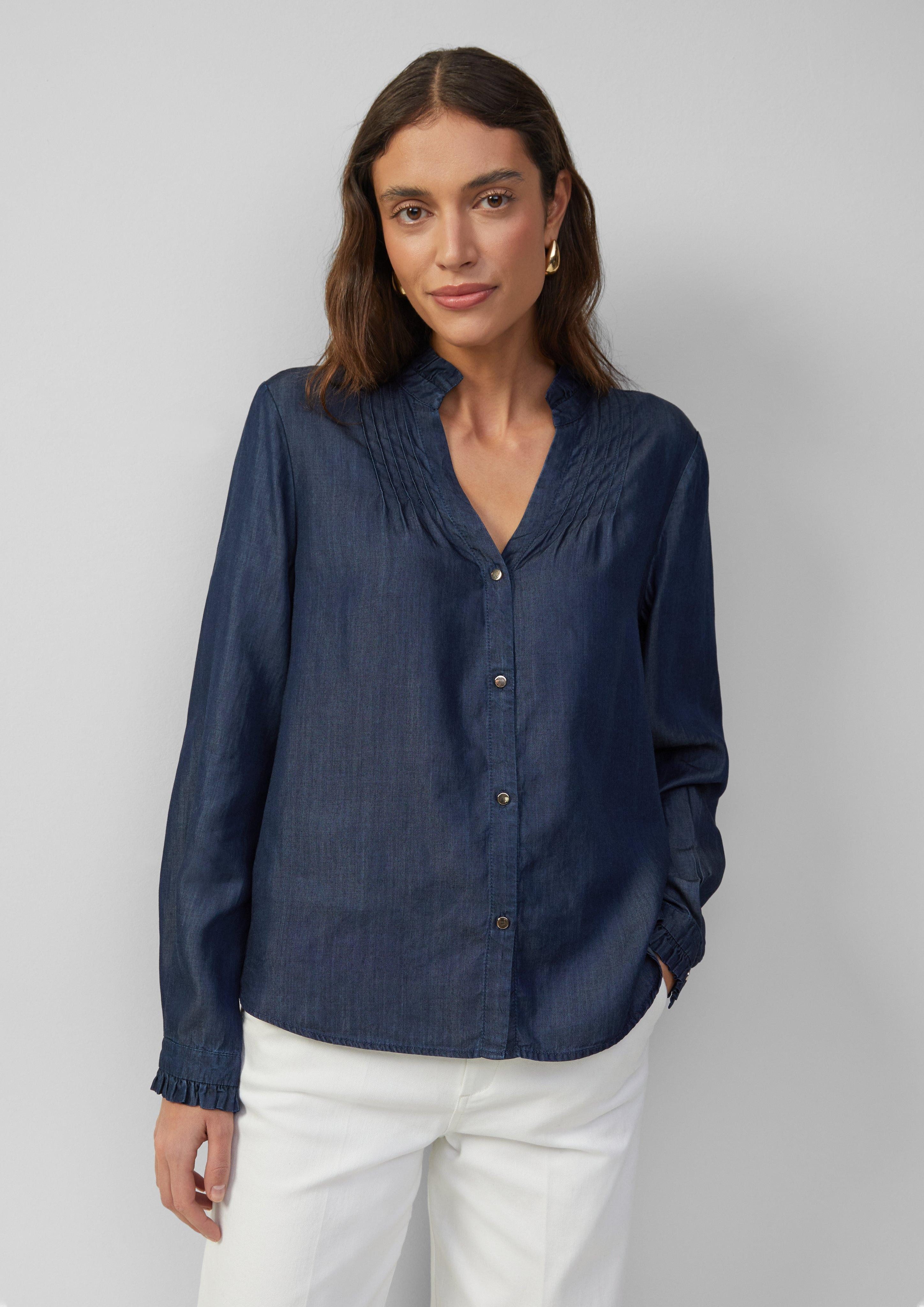 Langarmbluse Leichte Bluse aus Lyocell-Denim mit Rüschen und Biesen